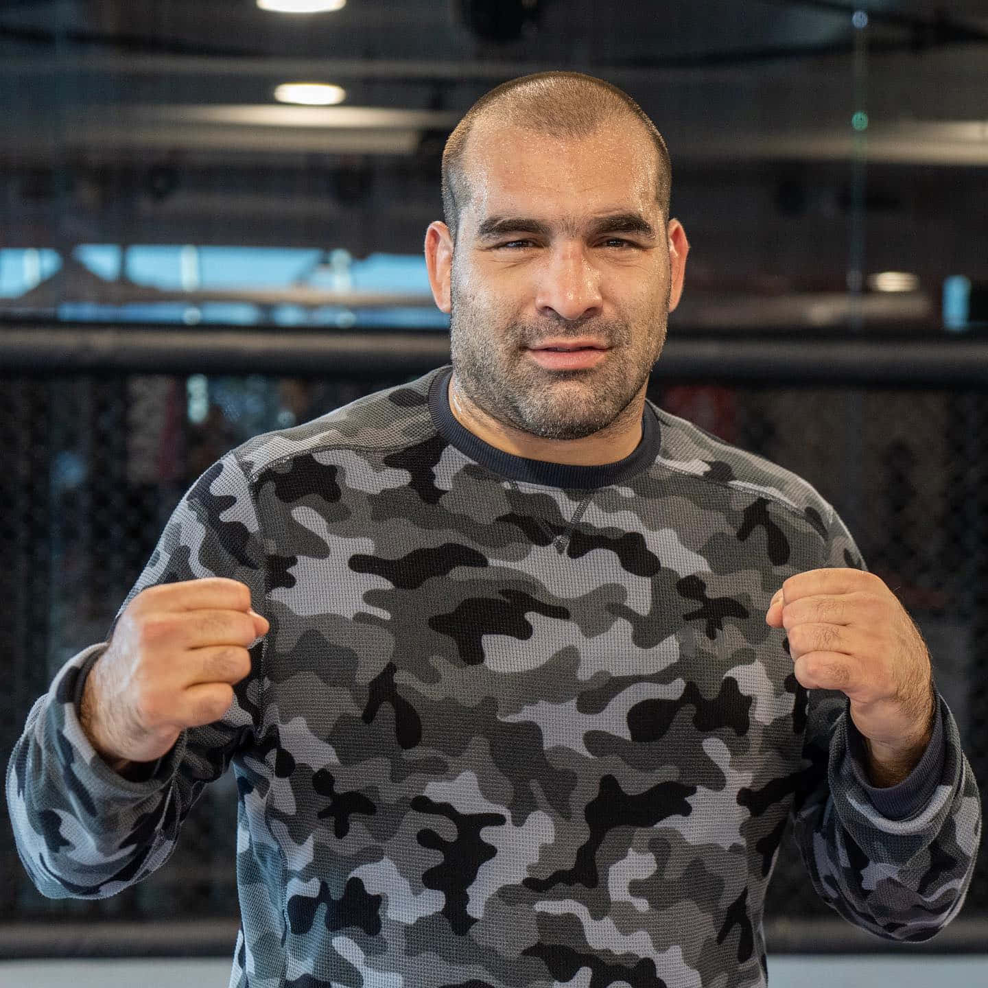 UFC 桌布 壁紙 — 一名肌肉發達的男子穿著灰色迷彩運動衫，在健身房裡舉起拳頭準備戰鬥。