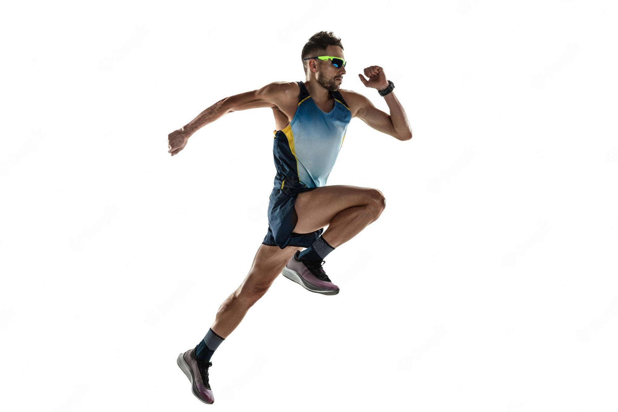 Olympics 桌布 壁紙 — 一名肌肉發達的男性跑者穿著運動裝備，在純白背景上以動態動作躍起。