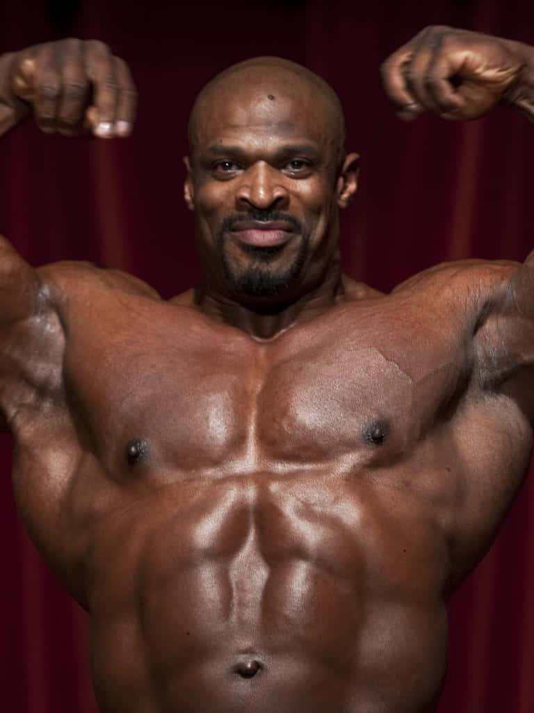 運動 桌布 壁紙 — 一名肌肉發達的黑人男性在深紅色窗簾背景下繃緊他線條分明的腹肌和肱二頭肌。