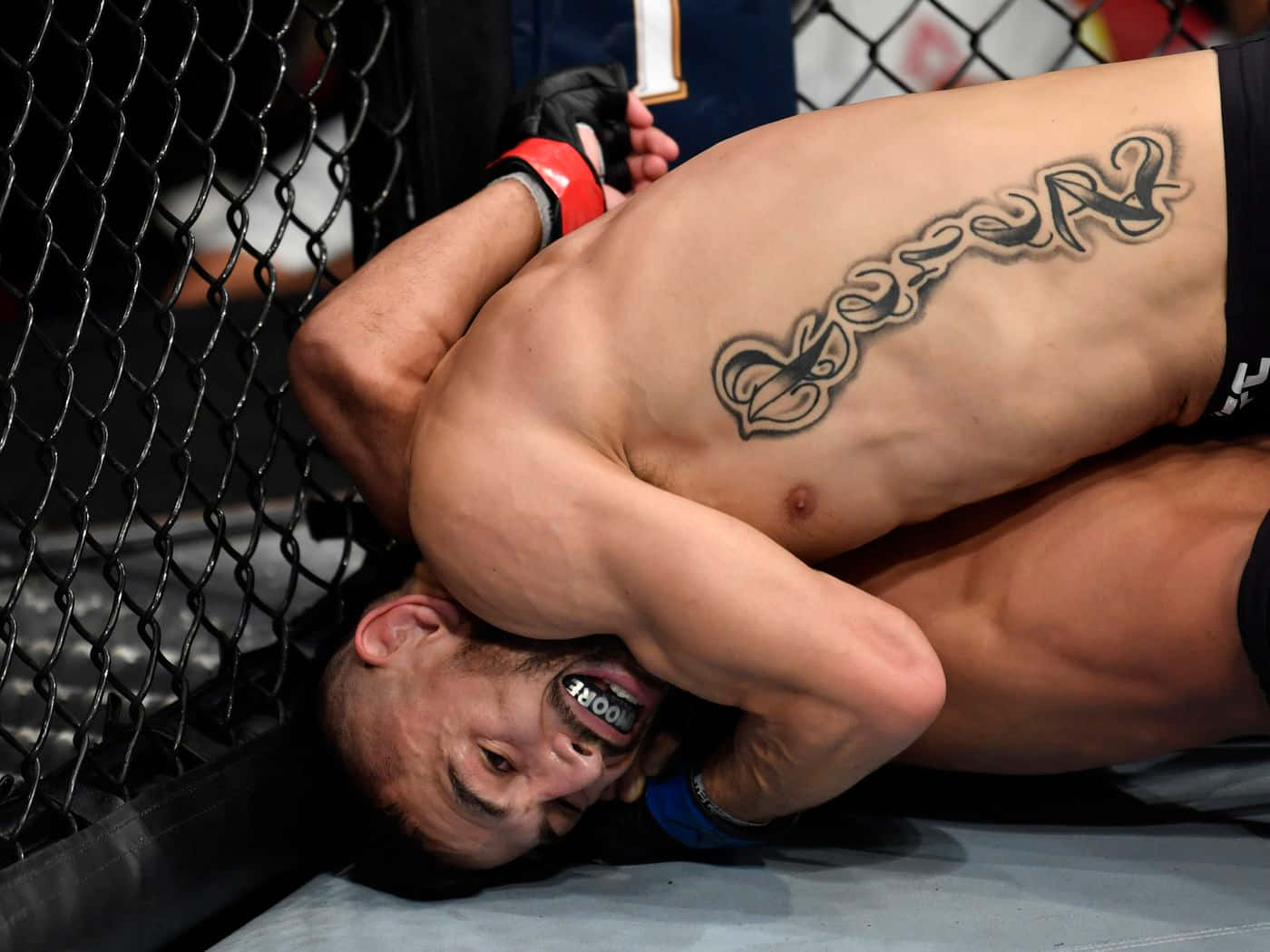 MMA 桌布 壁紙 — 一名背部有部落紋身的拳手，在八角籠地板上對對手施展鎖喉。