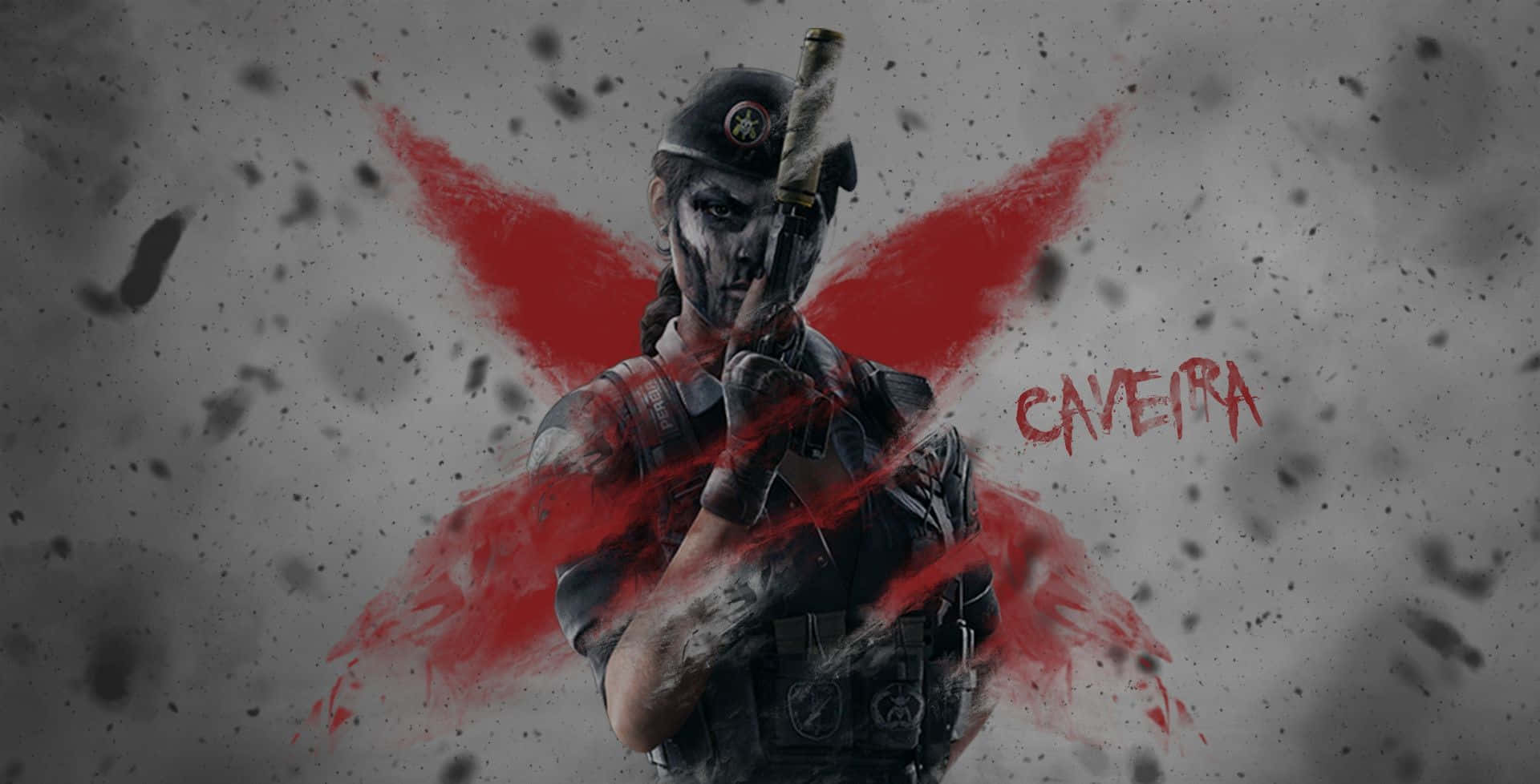 Rainbow Six Siege Caveira 桌布 壁紙 — 一名臉上塗有顏料、手持步槍的士兵，站在粗糙的灰色背景前，背景上有大膽的紅色飛濺和風格化文字「CAVEIRA」。
