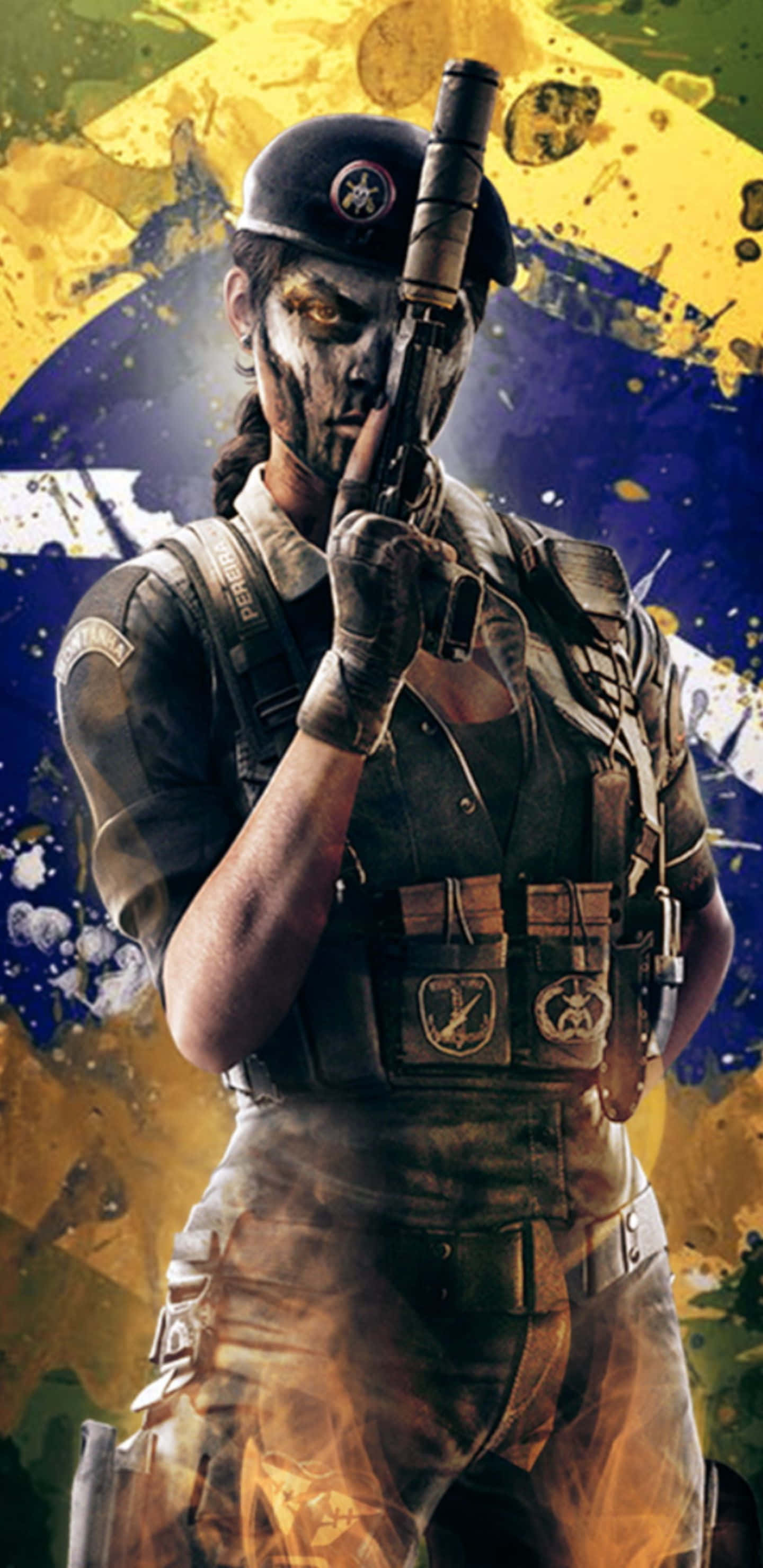 Pixel 3xl Rainbow Six Siege 桌布 壁紙 — 一名臉上塗有顏料的士兵，在充滿活力的黃藍色潑濺背景下持步槍。