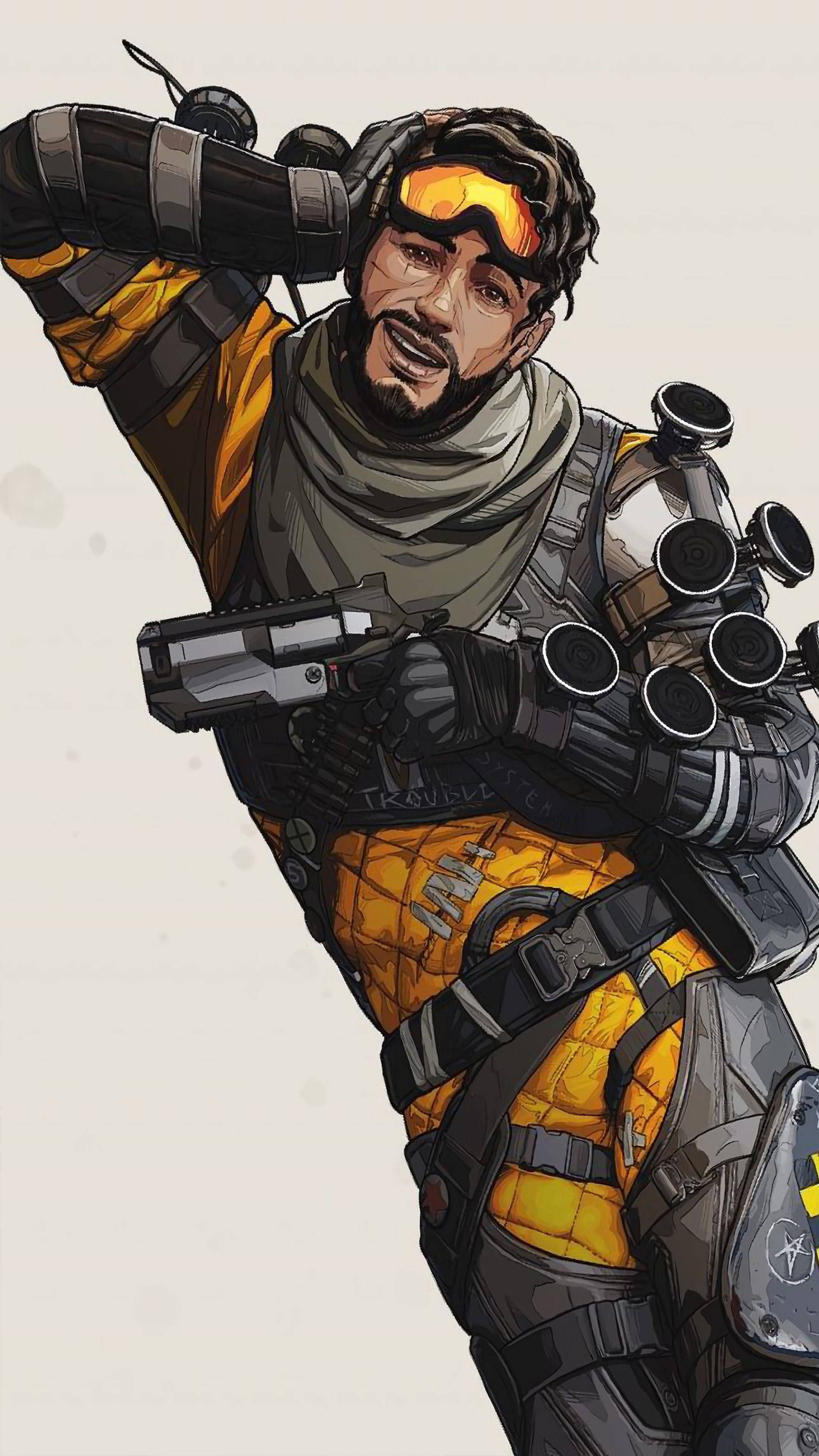 Apex Legends Mobile 桌布 壁紙 — 一名自信的士兵身穿黃黑戰術裝備，手持手槍，戴著發光的橙色護目鏡。