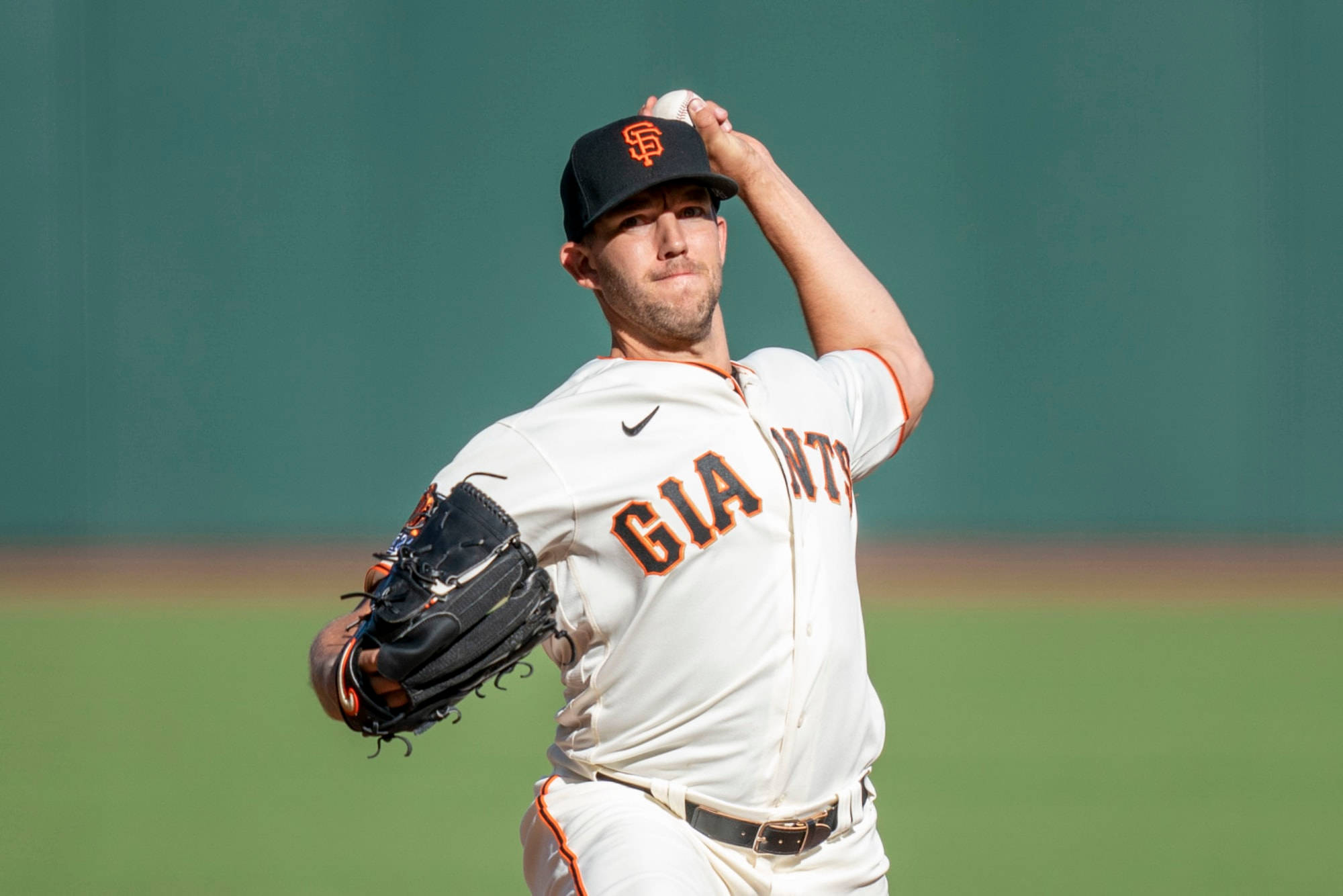 San Francisco Giants 桌布 壁紙 — 一名舊金山巨人隊投手在陽光明媚的棒球場上投球，身後有綠色外野牆。
