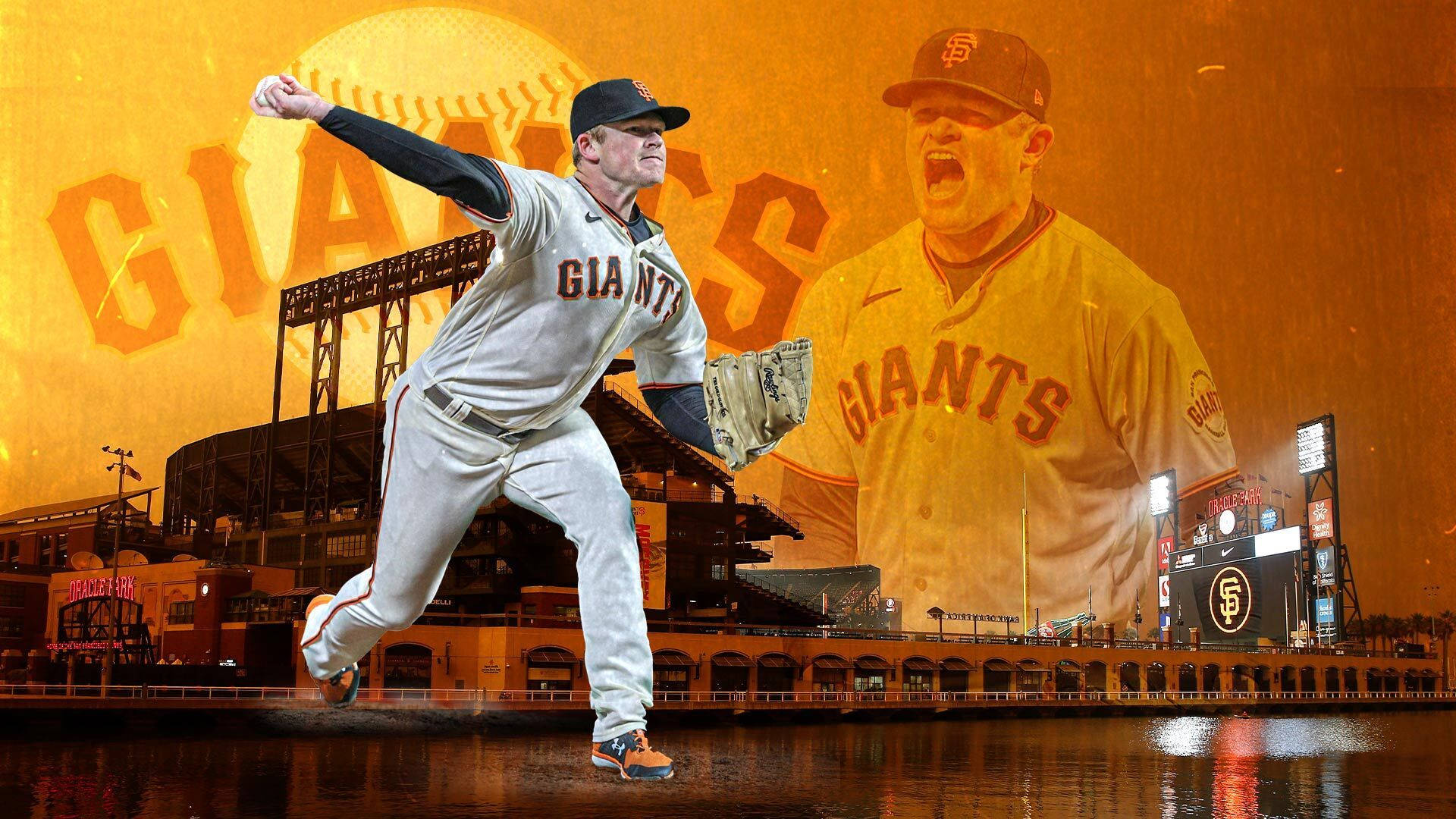 Giants 桌布 壁紙 — 一名舊金山巨人隊投手正在投球，身後有一個巨大的為他歡呼的自己版本，在金色日落光芒下的球場中。