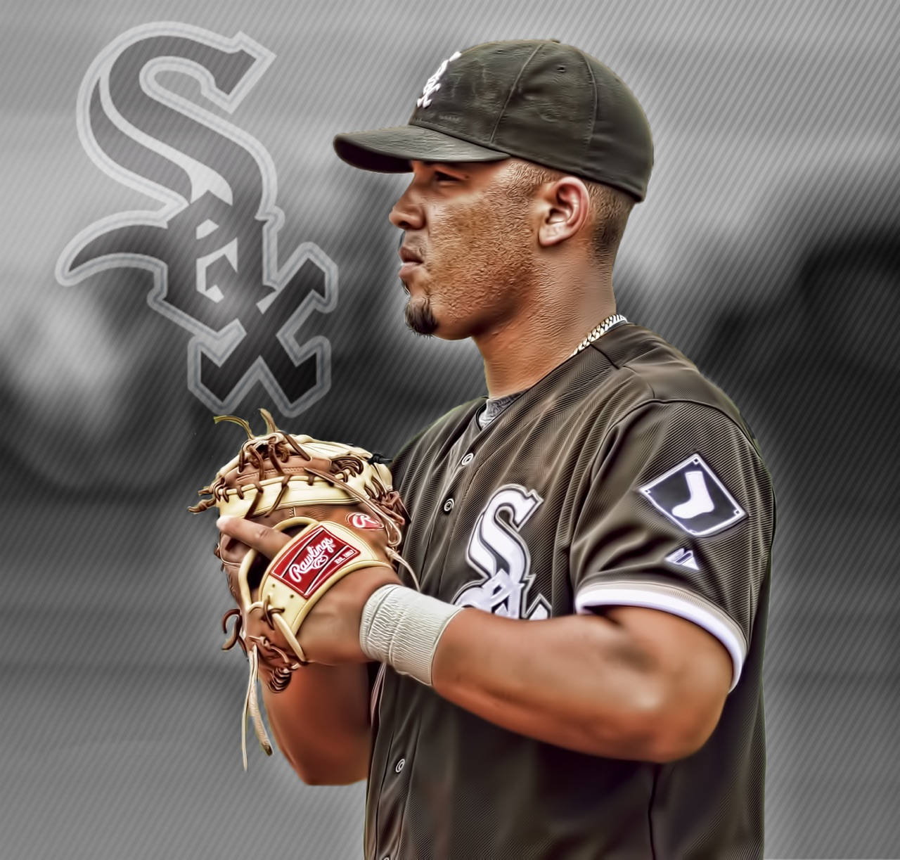 jose abreu 桌布 壁紙 — 一名芝加哥白襪棒球運動員身穿深色制服，在風格化的灰色背景前手持Rawlings手套。