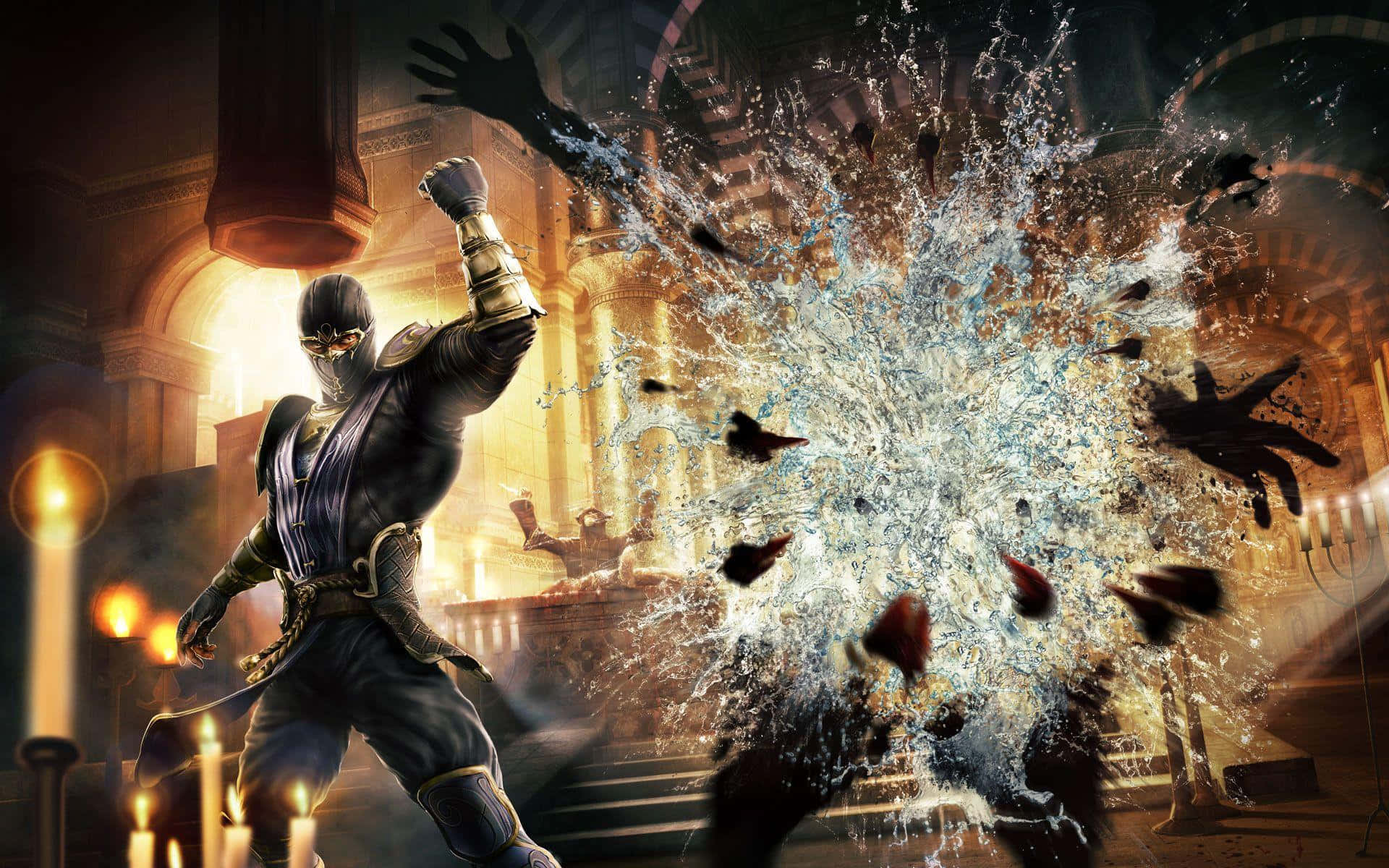 Mortal Kombat Characters 桌布 壁紙 — 一名蒙面忍者戰士在燭光哥德式大教堂中釋放出強大的水爆，碎片飛揚。