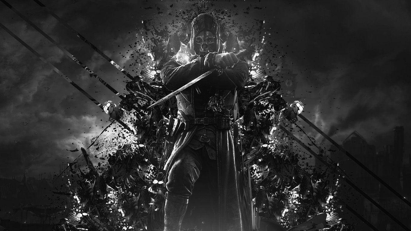 Dishonored 桌布 壁紙 — 一名蒙面戰士從破碎的瓦礫中出現，手持發光的劍，背景是暴風雨中的城市天際線。