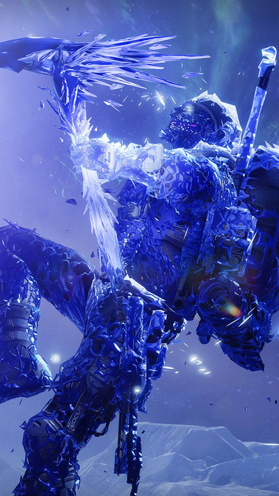 Destiny 2 桌布 壁紙 — 一名藍色水晶裝甲戰士在紫色天空下，以發光的冰刃攻擊，背景是白雪皚皚的山脈。