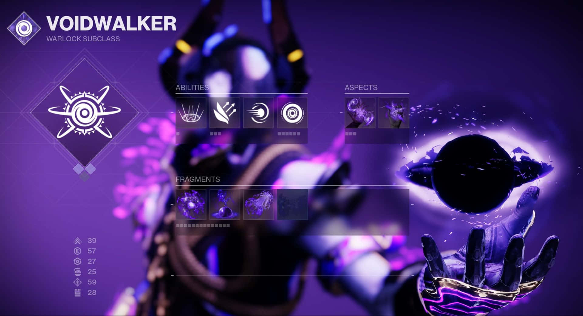 Best Destiny 2 桌布 壁紙 — 一名虛空行者術士身穿紫色發光盔甲，手持一個帶有浮動UI元素的宇宙球體。