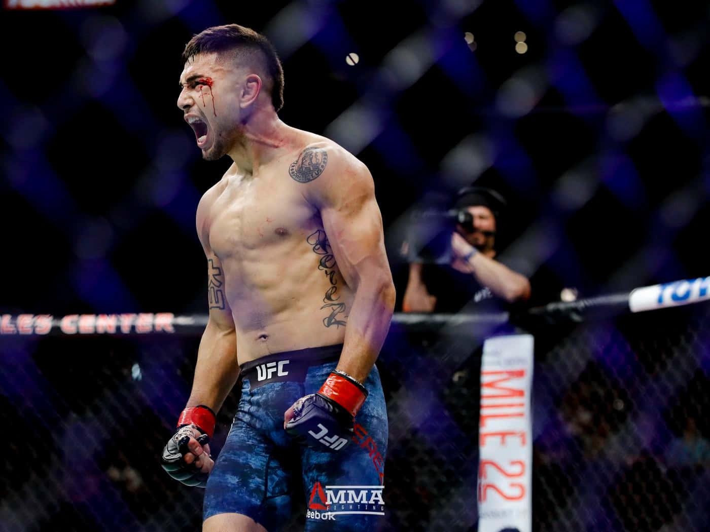 MMA 桌布 壁紙 — 一名血跡斑斑的MMA拳手在八角籠內，於場館燈光下經過艱苦奮戰後，發出勝利的怒吼。