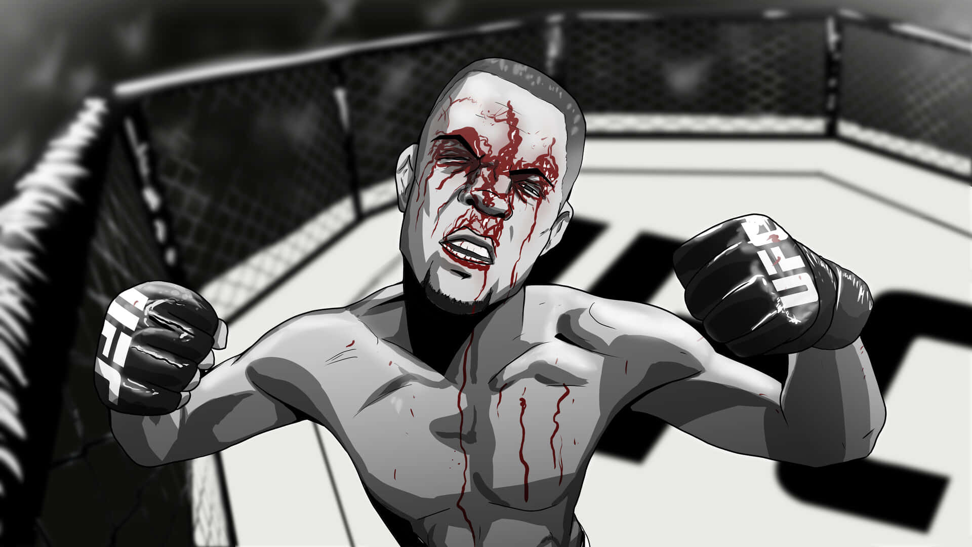 UFC 桌布 壁紙 — 一名血跡斑斑的MMA拳手在鐵籠內勝利咆哮，臉上和手套上帶有紅色血痕。
