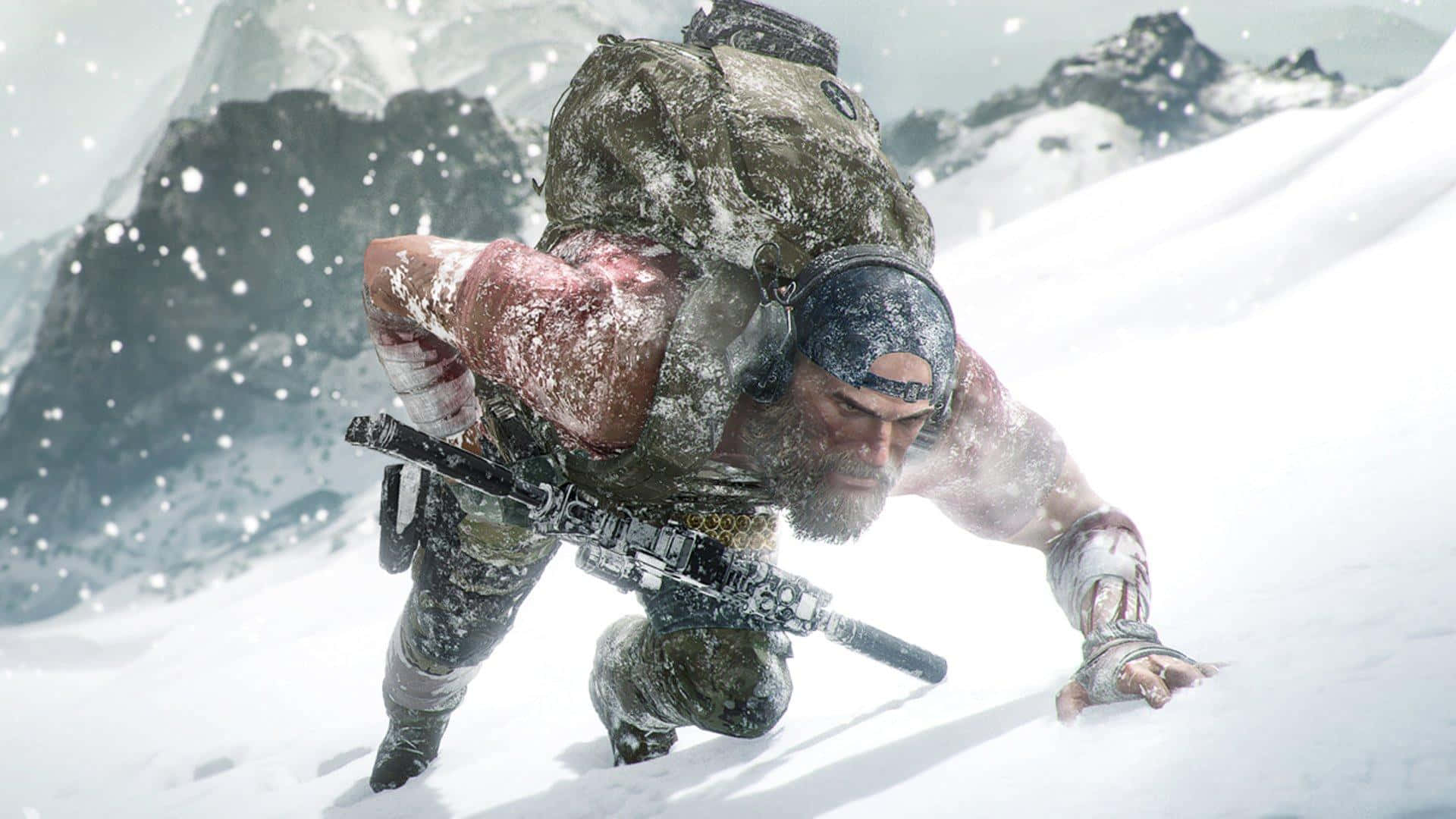 Ghost Recon 桌布 壁紙 — 一名血跡斑斑的士兵在惡劣的山地地形中，手持步槍爬過厚厚的積雪。