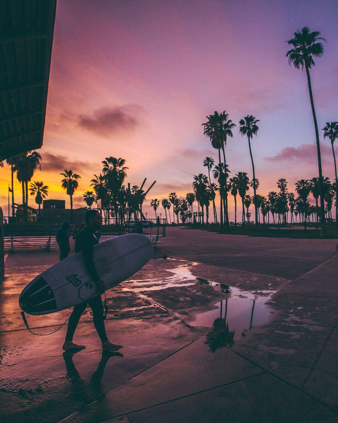 Venice Beach 桌布 壁紙 — 一名衝浪者在日落時分走過水坑，棕櫚樹在充滿活力的紫色和橙色天空映襯下形成剪影。