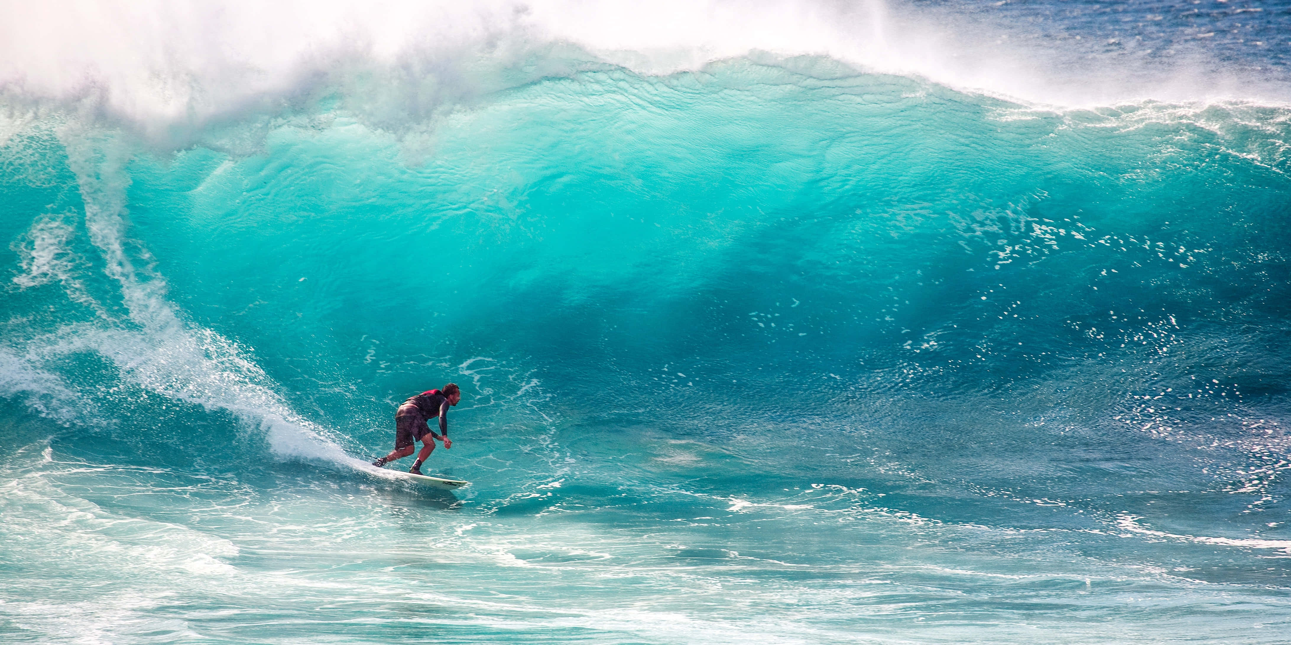 surfing 桌布 壁紙 — 一名衝浪者在明亮的陽光下，騎乘一道巨大的藍綠色海浪，白色泡沫在頭頂翻騰。