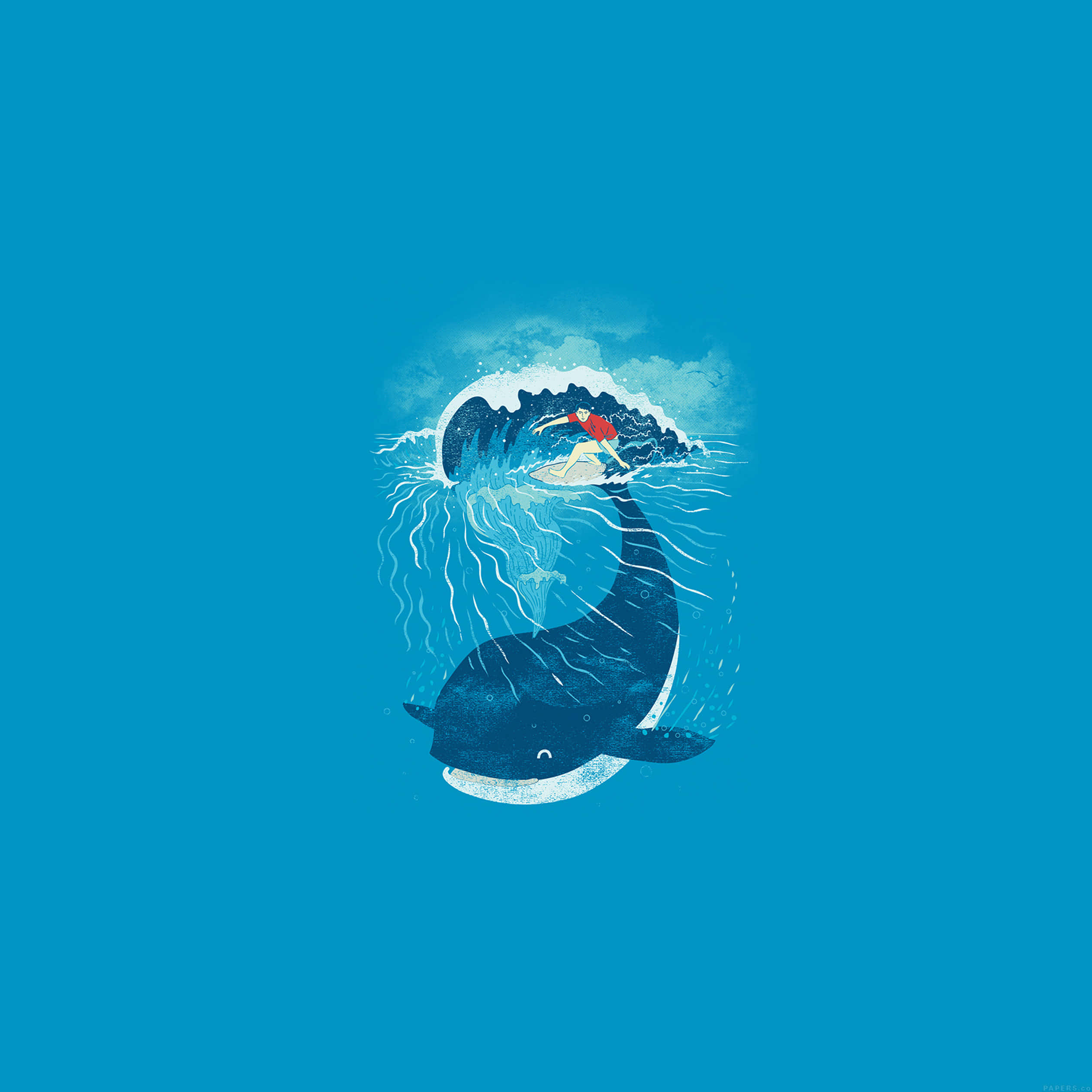 Cartoon Animal 桌布 壁紙 — 一名衝浪者騎著鯨魚背形狀的波浪，背景為純藍色。