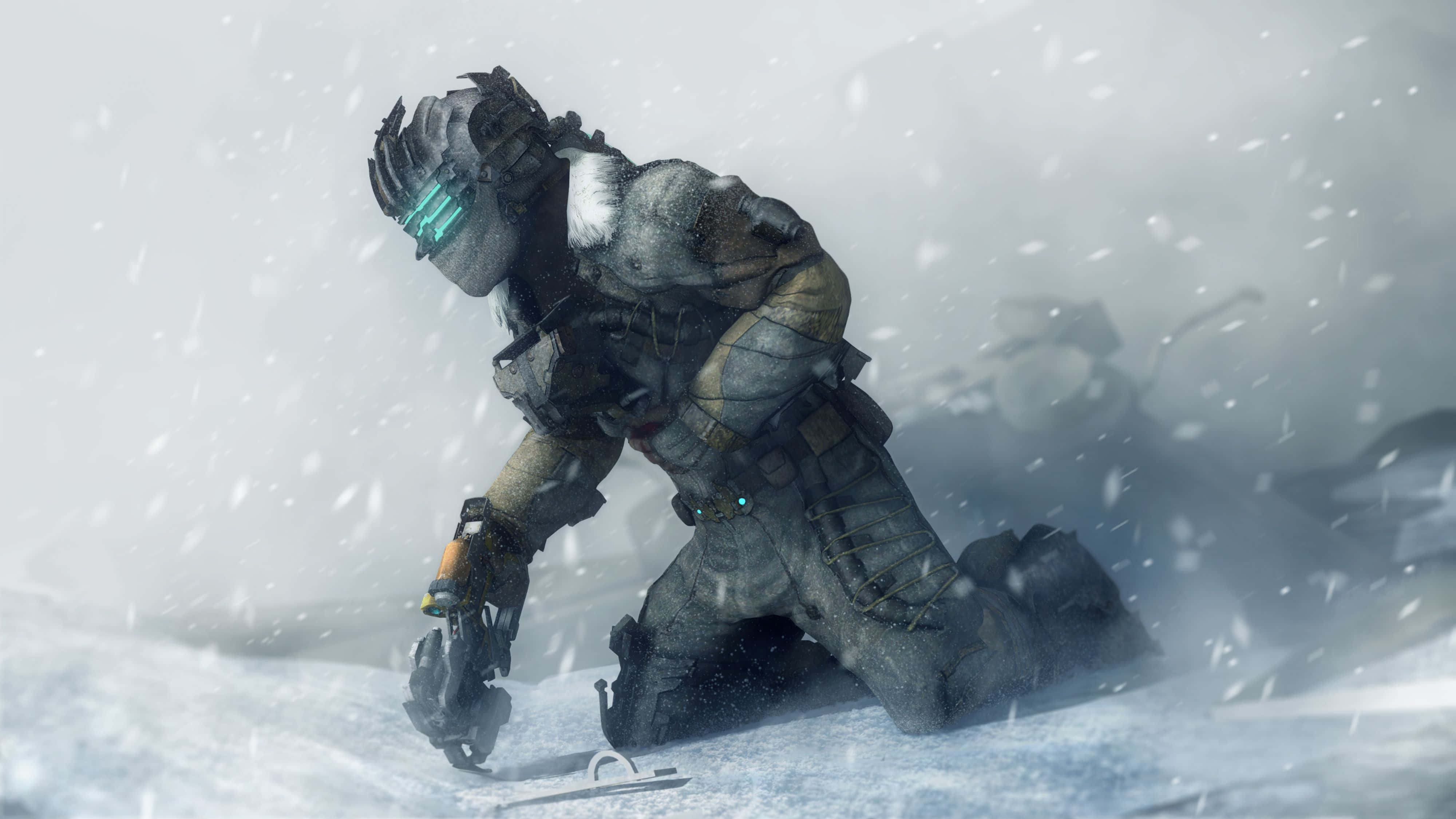 Dead Space 4K 桌布 壁紙 — 一名被雪覆蓋的重裝士兵在暴風雪中跪著，戴著發光的護目鏡和步槍。