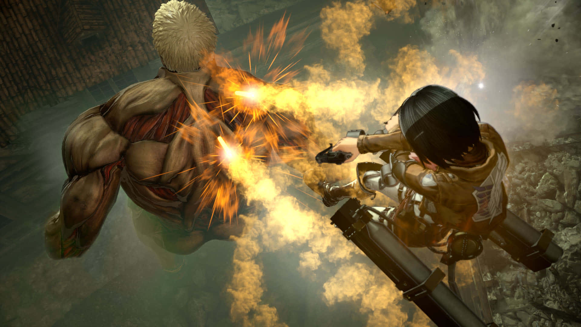 Aot 2 Final Battle 桌布 壁紙 — 一名裝備齊全的士兵在爆炸性的橙色火花和煙霧中，向著一個巨大的人形巨人開火。