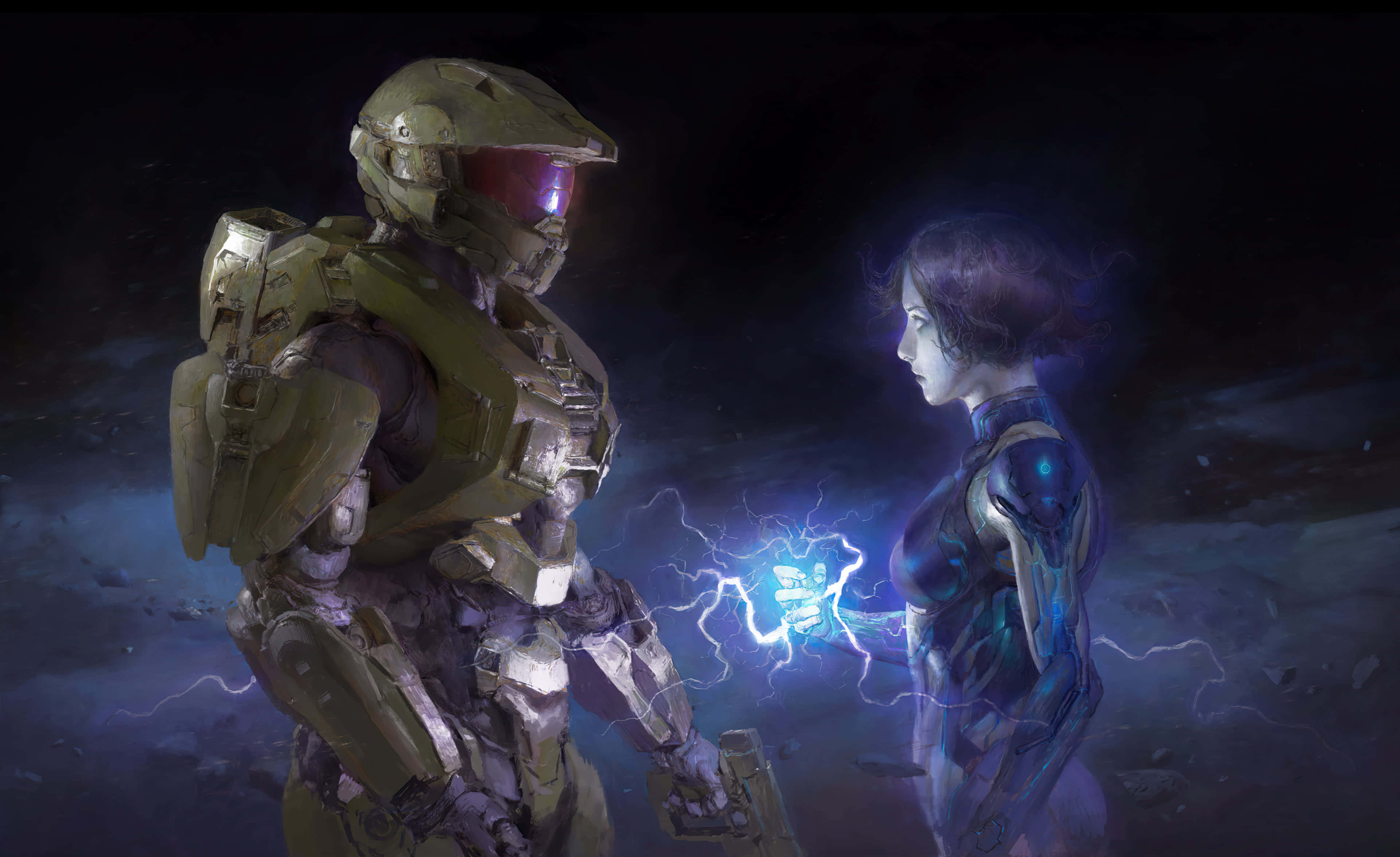 Halo Cortana 桌布 壁紙 — 一名裝甲士兵和一個發光的人物面對面，藍色閃電在他們之間的黑暗宇宙虛空中劈啪作響。