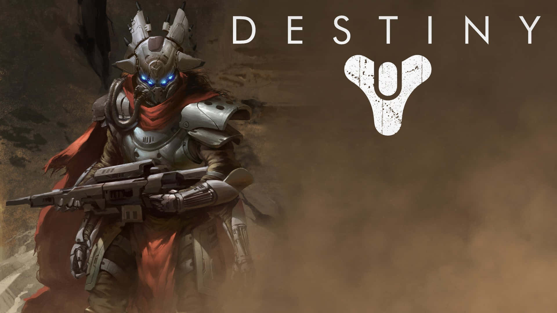 電玩遊戲 桌布 壁紙 — 一名裝甲太空士兵，擁有發光的藍色眼睛和紅色斗篷，站在塵土飛揚的地形中，手持未來步槍。
