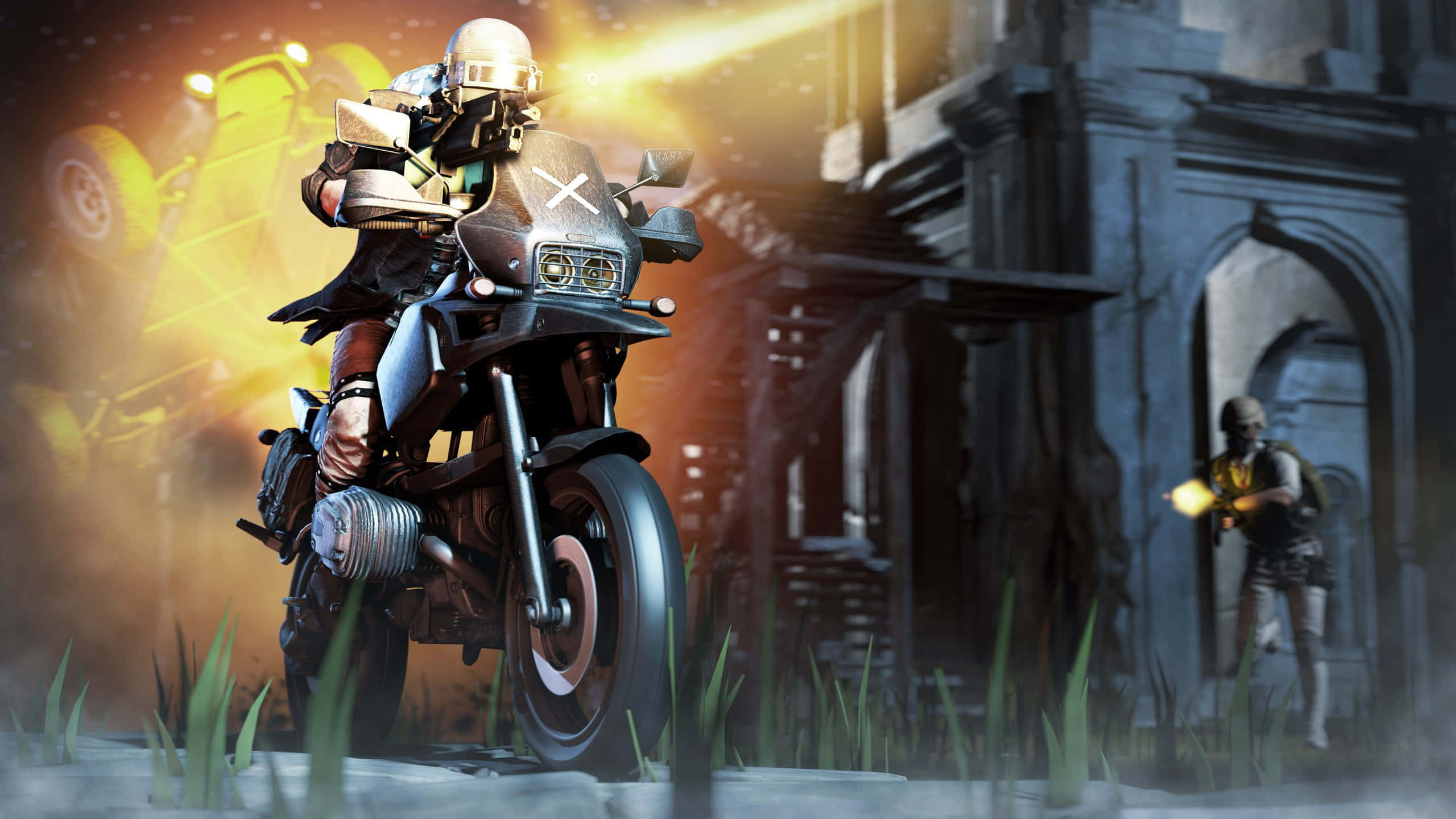 Best Playerunknown's Battlegrounds 桌布 壁紙 — 一名裝甲騎士騎著機車在廢墟城市中疾馳，伴隨著發光的黃色能量效果，背景中還有另一個武裝人物。