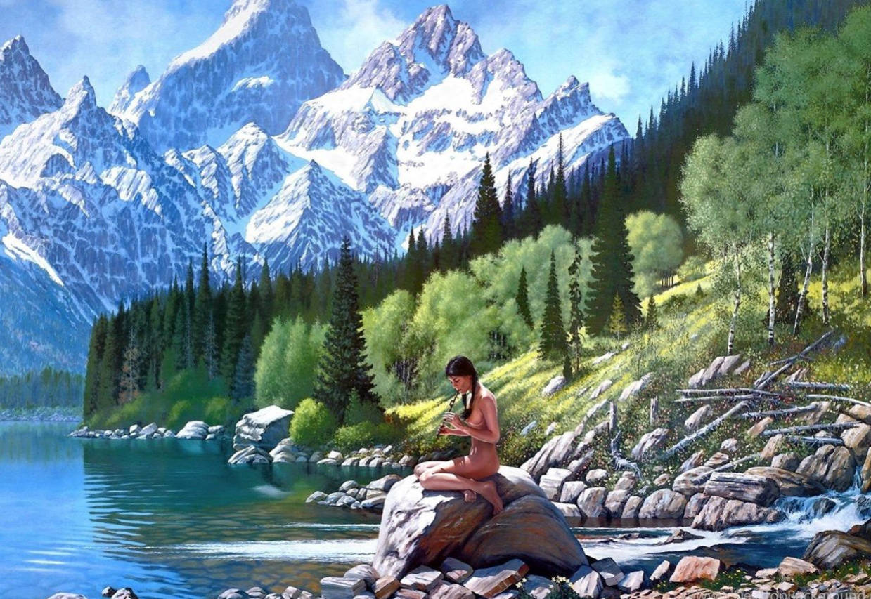 3D 桌布 壁紙 — 一名裸體女性平靜地坐在寧靜湖泊旁的石頭上，背景是白雪覆蓋的山脈和茂密的綠色森林。