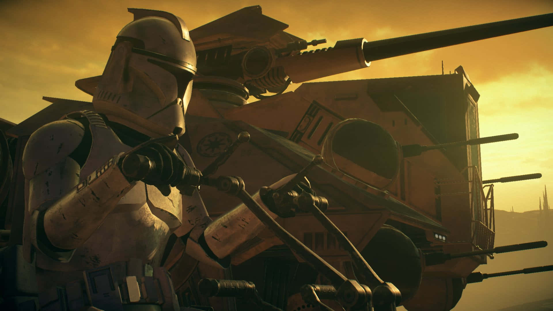 The Battle Of Geonosis 桌布 壁紙 — 一名複製人士兵在金色夕陽下，站在一輛重裝甲車旁保持警戒。
