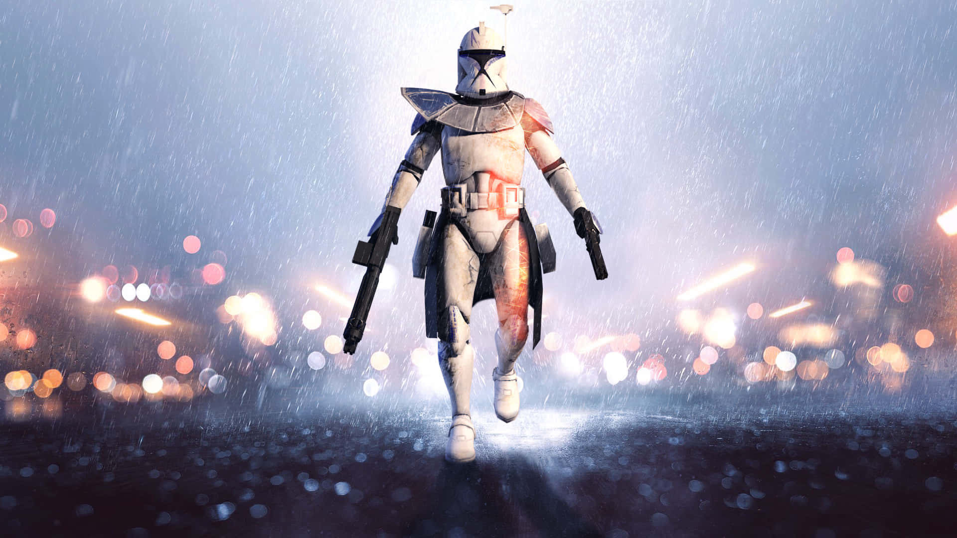 Clone Wars 桌布 壁紙 — 一名複製人士兵在雨中濕透的城市街道上奔跑，背景是發光的散景燈光。
