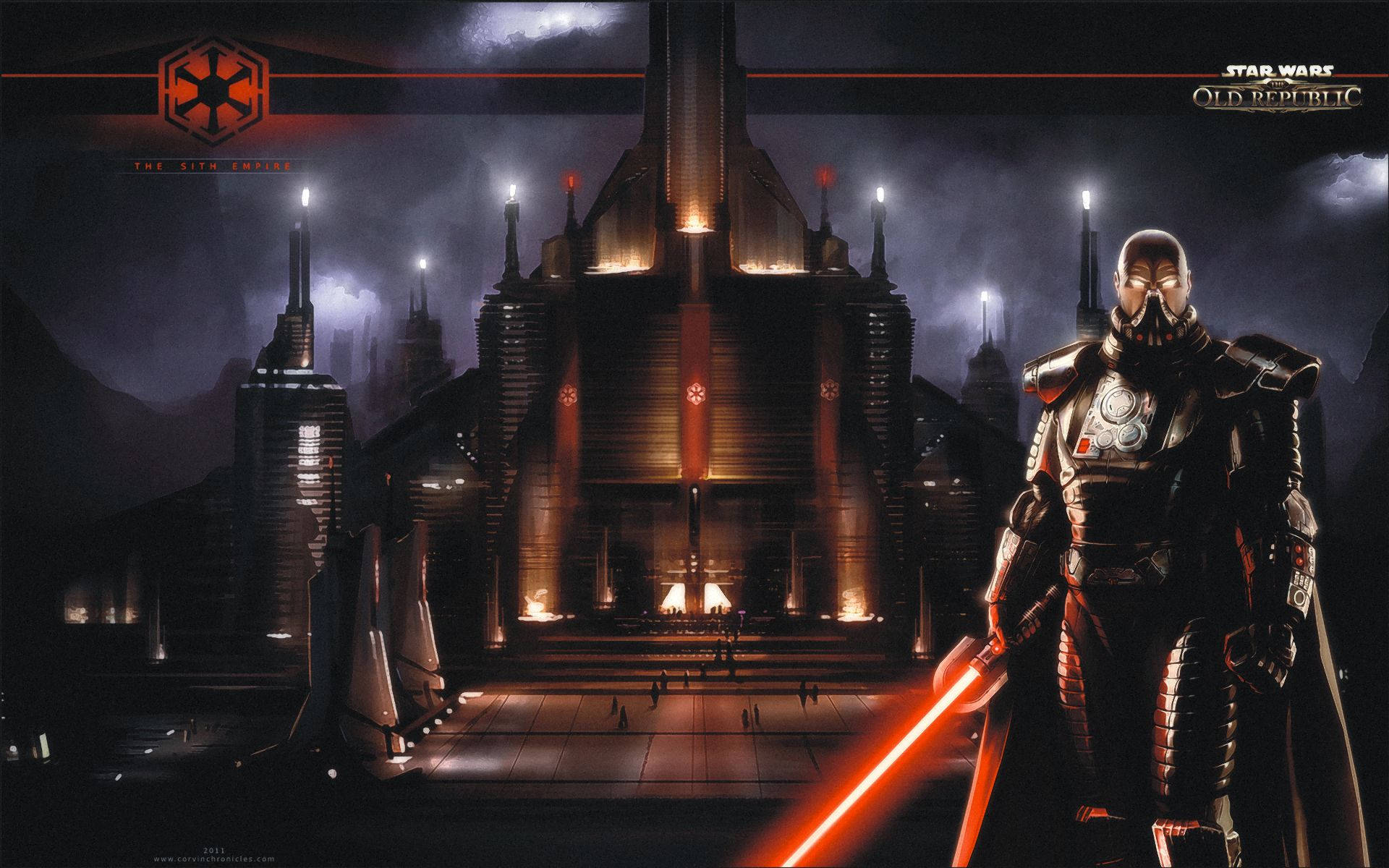 Swtor 桌布 壁紙 — 一名西斯戰士在暴風雨天空下，於高聳的黑暗神殿前揮舞紅色光劍。