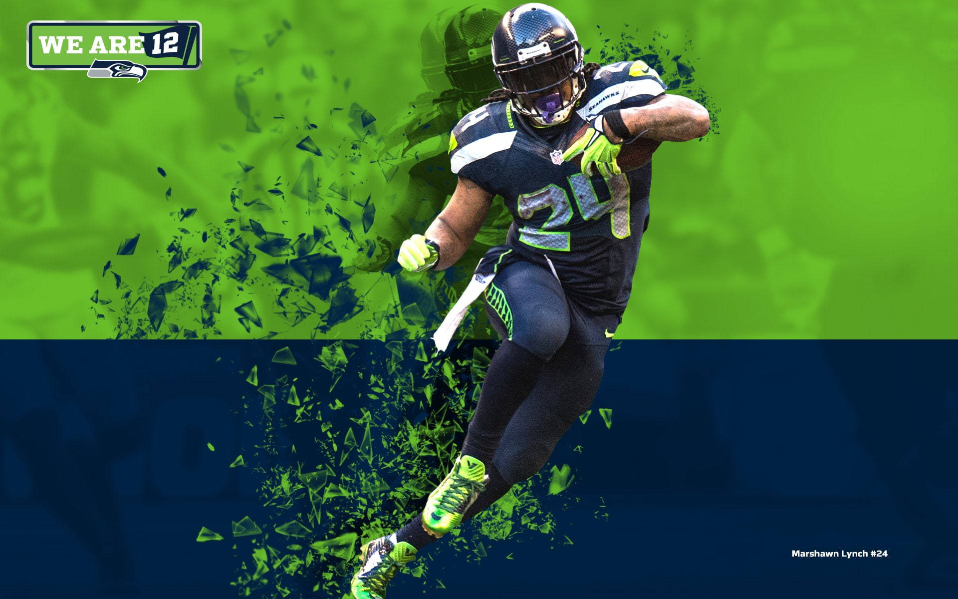 Seattle Seahawks 桌布 壁紙 — 一名西雅圖海鷹隊美式足球員在移動中，周圍環繞著綠色和藍色的碎玻璃效果。