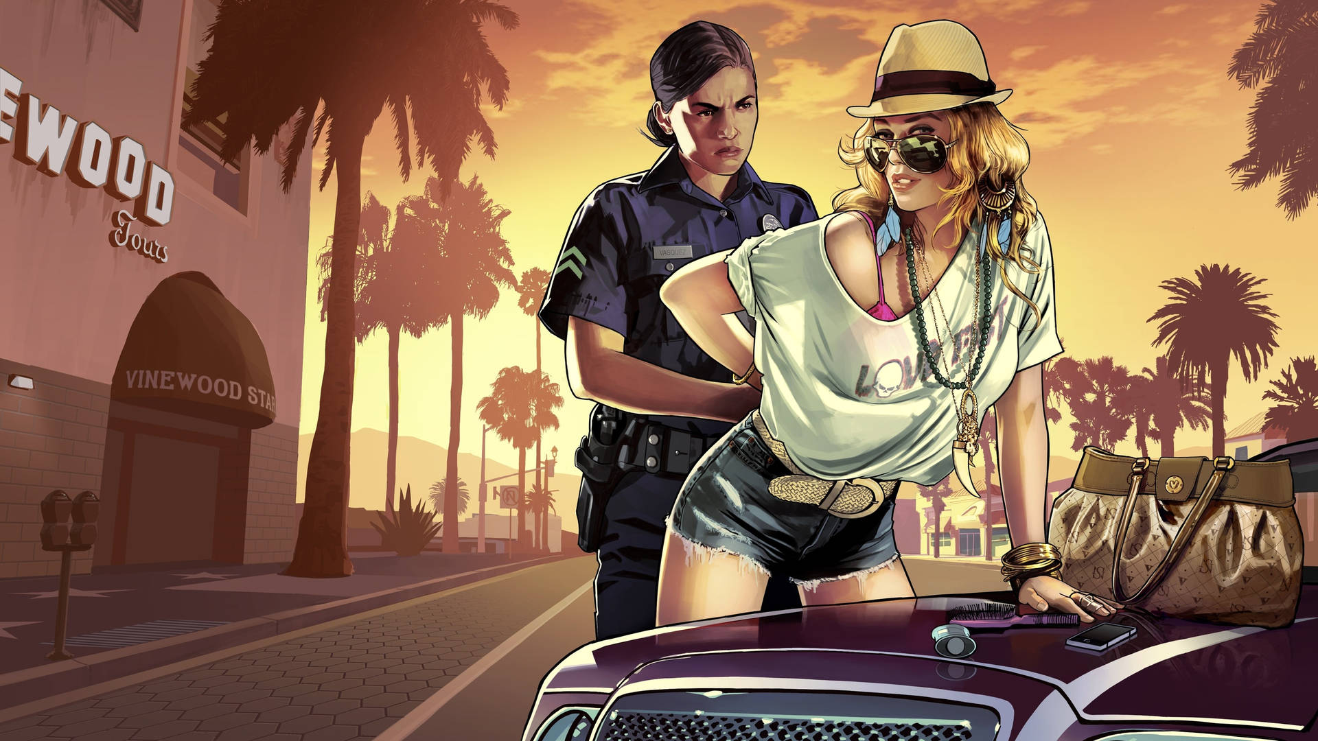 警察在夕陽棕櫚樹街道上攔下車旁時尚女子 — GTA 5 動圖 壁紙