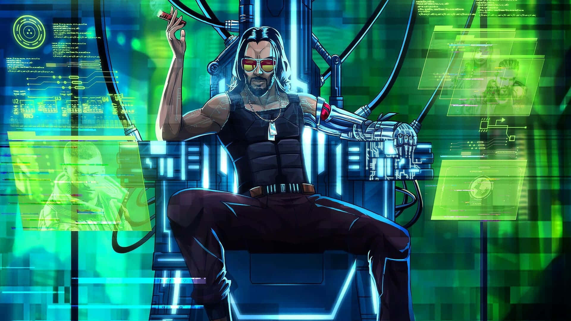 Cyberpunk Laptop 桌布 壁紙 — 一名賽博龐克戰士，擁有機械手臂和紅色太陽眼鏡，自信地坐在高科技巢穴中，周圍環繞著發光的綠色全息介面。