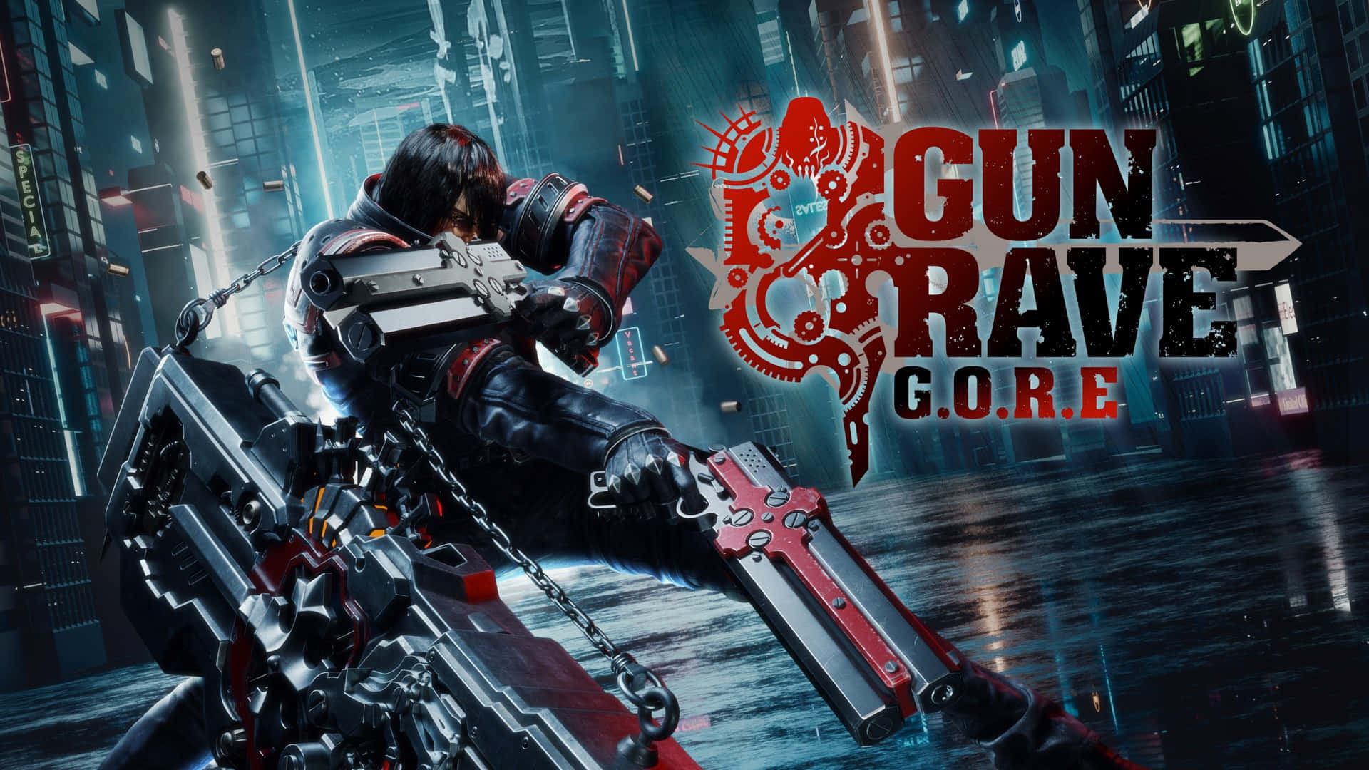 Gungrave 桌布 壁紙 — 一名賽博龐克戰士在霓虹燈閃爍、雨水浸濕的未來城市景觀中揮舞著巨大的鏈式槍。