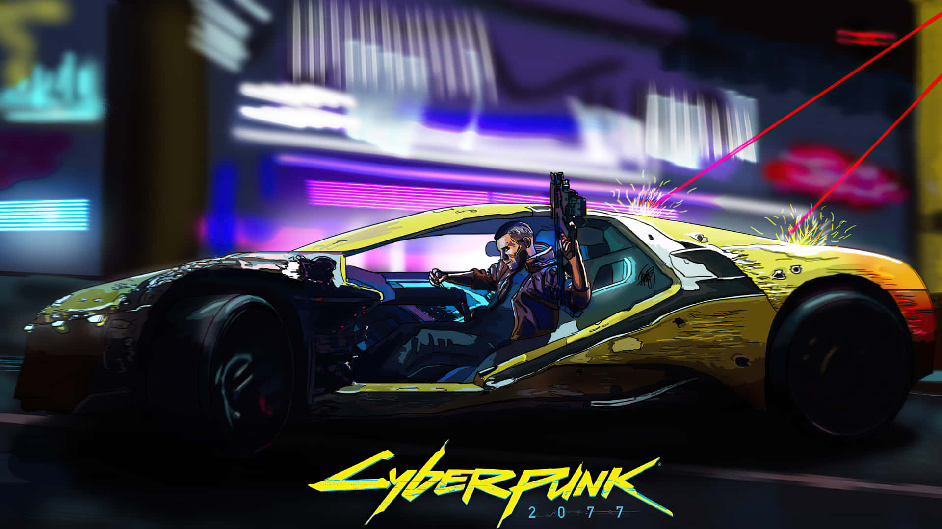 1080p Cyberpunk 2077 桌布 壁紙 — 一名賽博龐克戰士在黃色跑車中，於夜晚霓虹燈照亮街道時發射雷射槍。