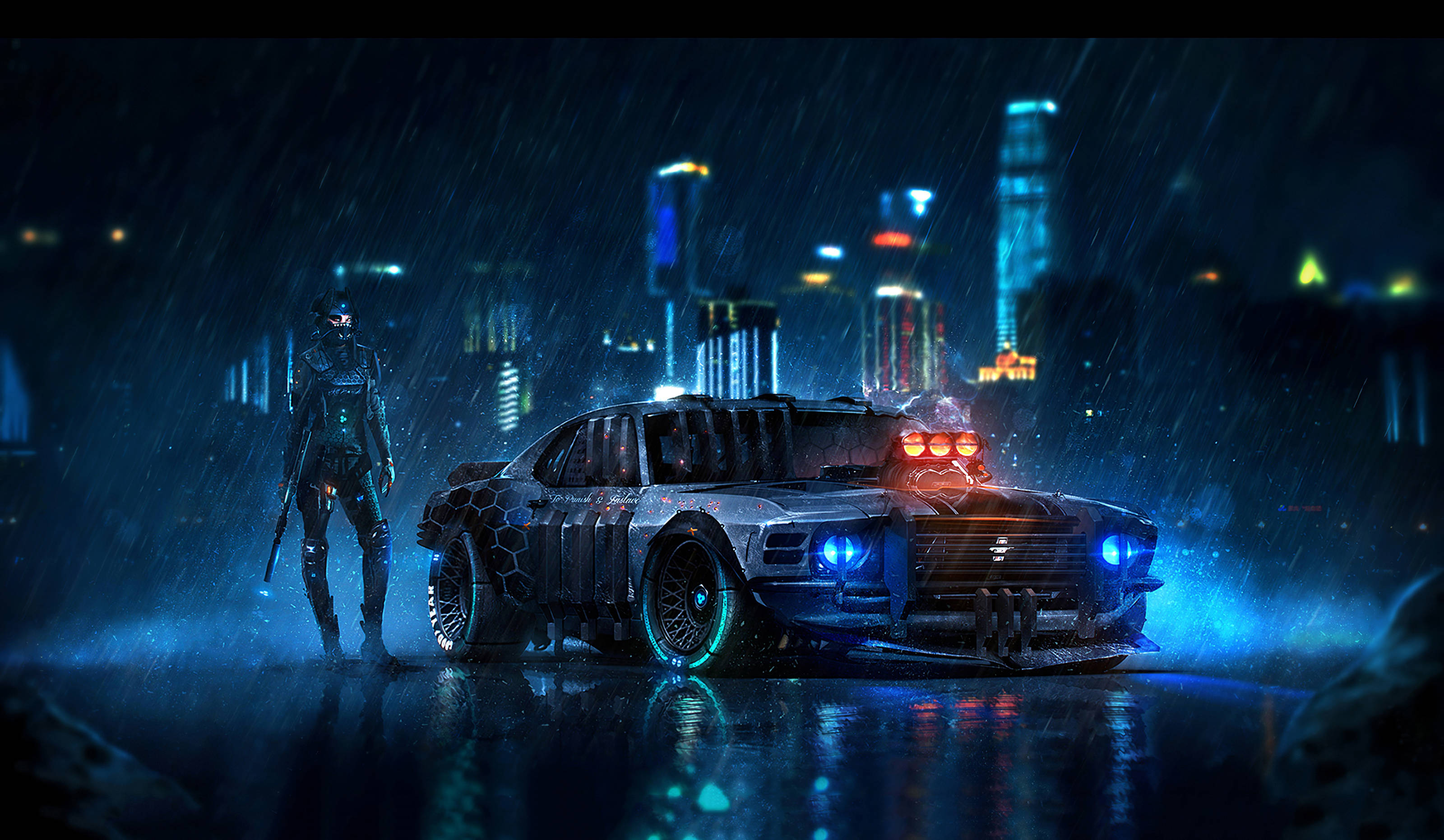 Cool Car 桌布 壁紙 — 一名賽博龐克戰士站在一輛發光的未來汽車旁，在黑暗的城市景觀中沐浴在霓虹雨下。