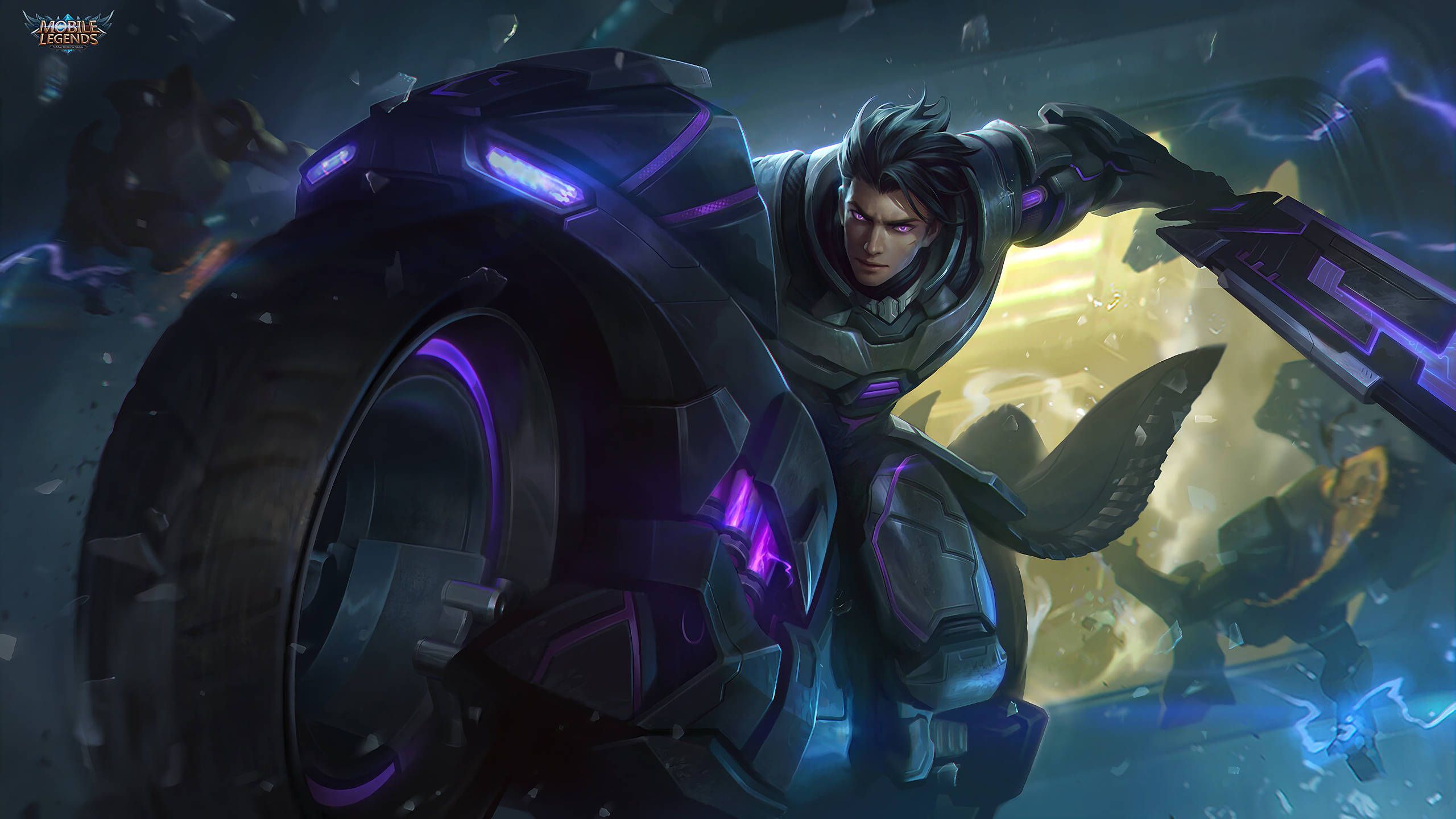 Mobile Legends 動態圖 桌布 壁紙 — 一名賽博龐克戰士騎著發光的紫色摩托車穿過破碎的未來城市景觀。