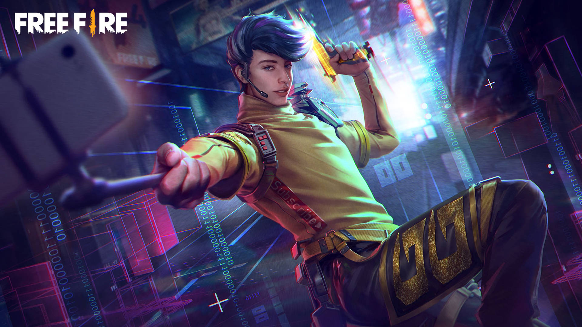 Free Fire 桌布 壁紙 — 一名賽博龐克玩家在霓虹燈光下的數位競技場中，手持武器和自拍棒，發光的數據流在他周圍旋轉。