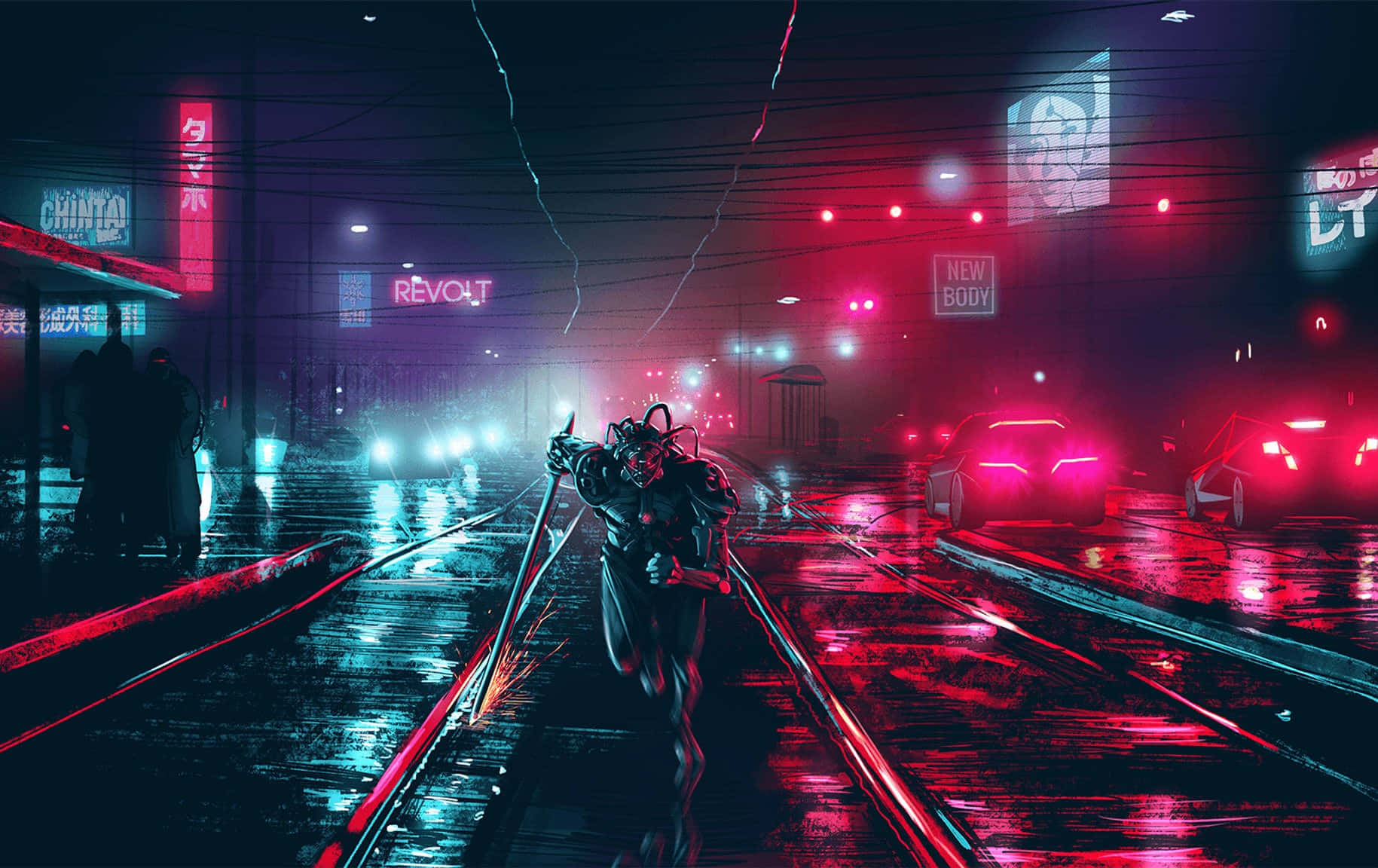 Cyberpunk Laptop 桌布 壁紙 — 一名賽博龐克跑者在濕滑的霓虹燈街道上衝刺，潮濕的路面上反射出紅色和藍色的光芒。
