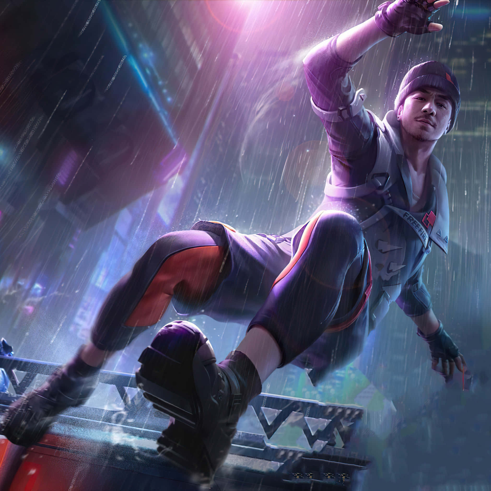 Hip Hop Free Fire 桌布 壁紙 — 一名賽博龐克運動員在未來城市景觀中跳過霓虹雨，伴隨著發光的燈光和動態運動模糊。
