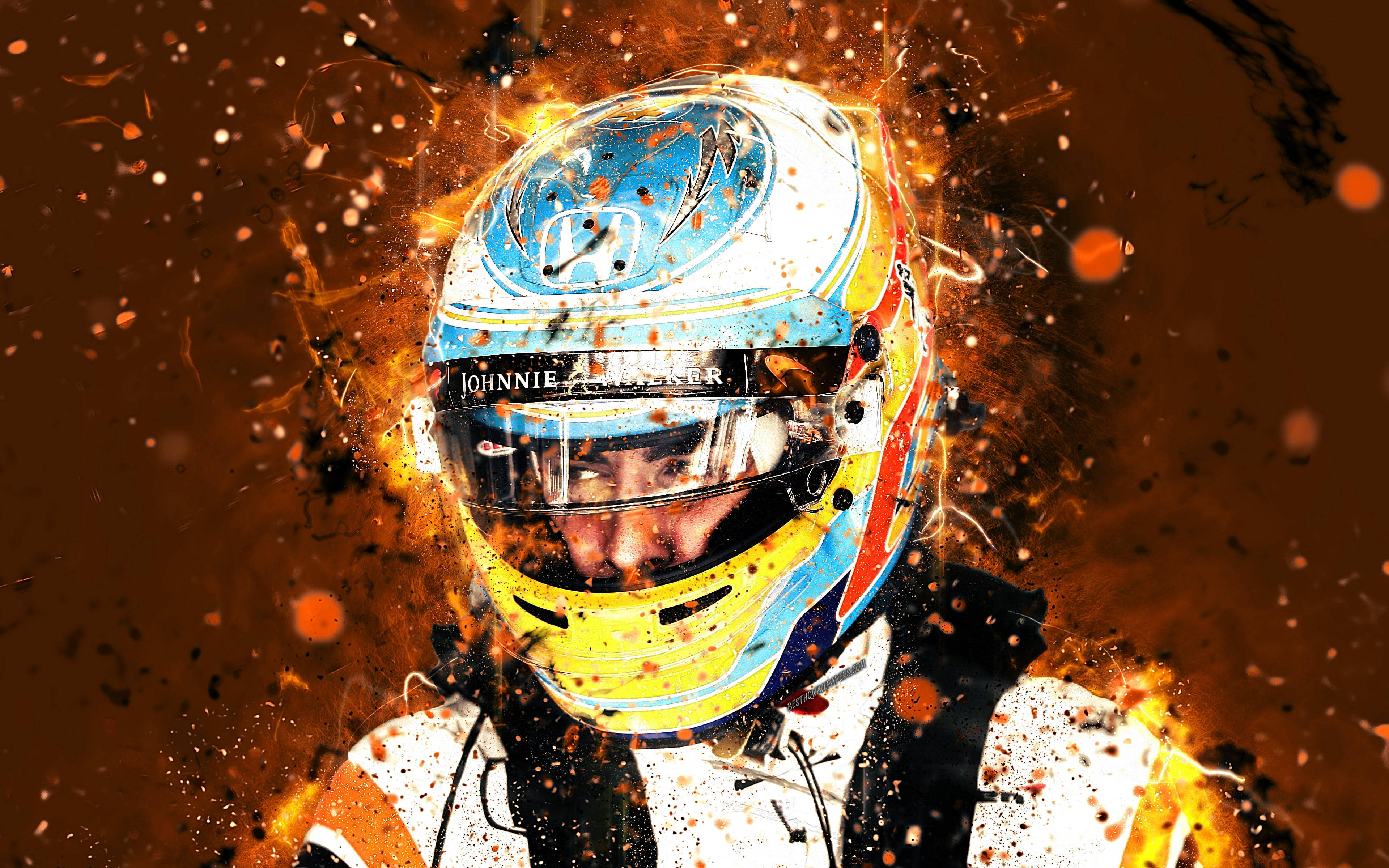 Fernando Alonso 桌布 壁紙 — 一名賽車手戴著色彩繽紛的安全帽，在黑暗背景中被熾熱的橙色火花包圍。