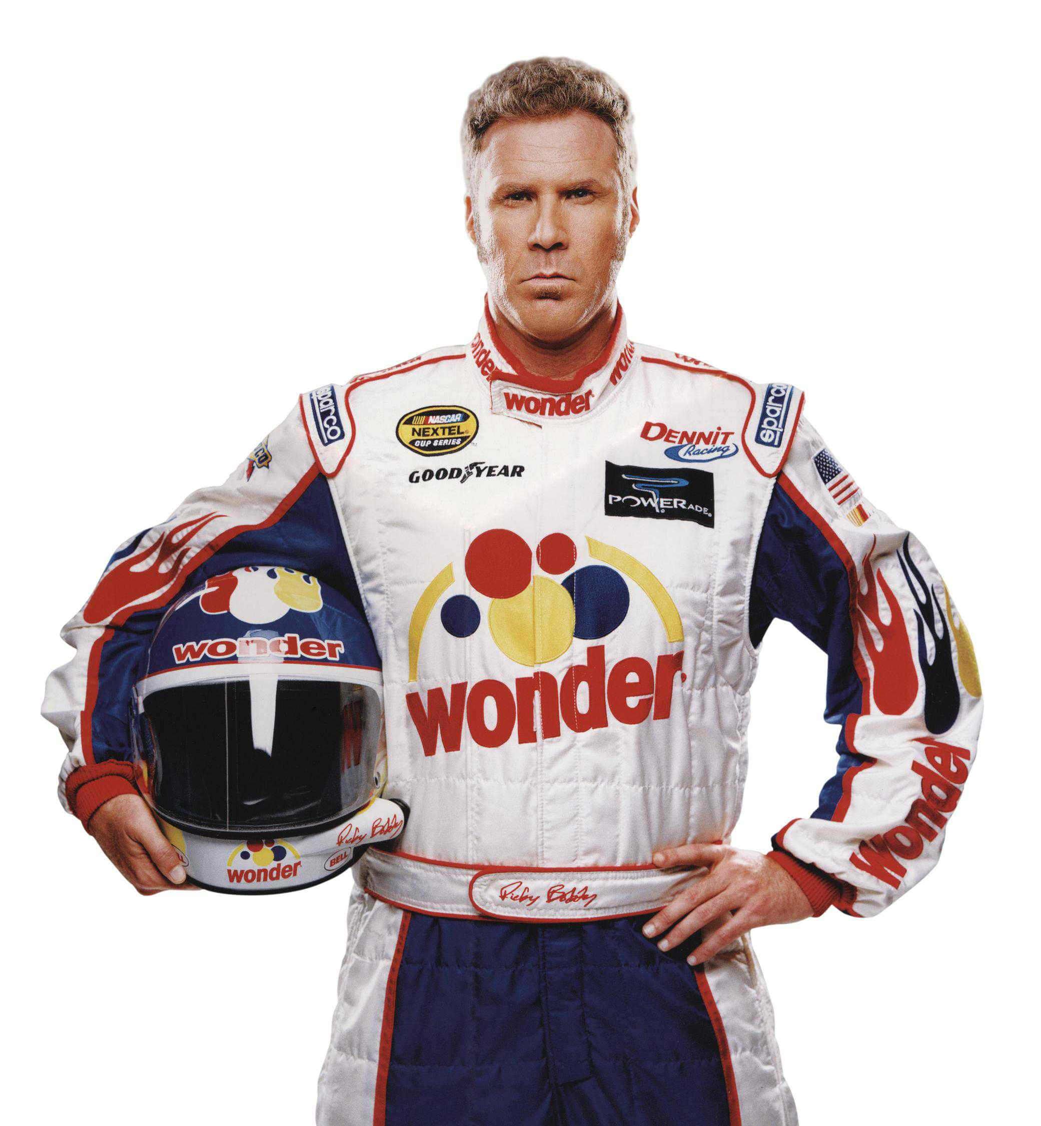 will ferrell 桌布 壁紙 — 一名賽車手穿著白色、藍色和紅色、佈滿贊助商標誌的賽車服，手持頭盔，站在純白色背景前。