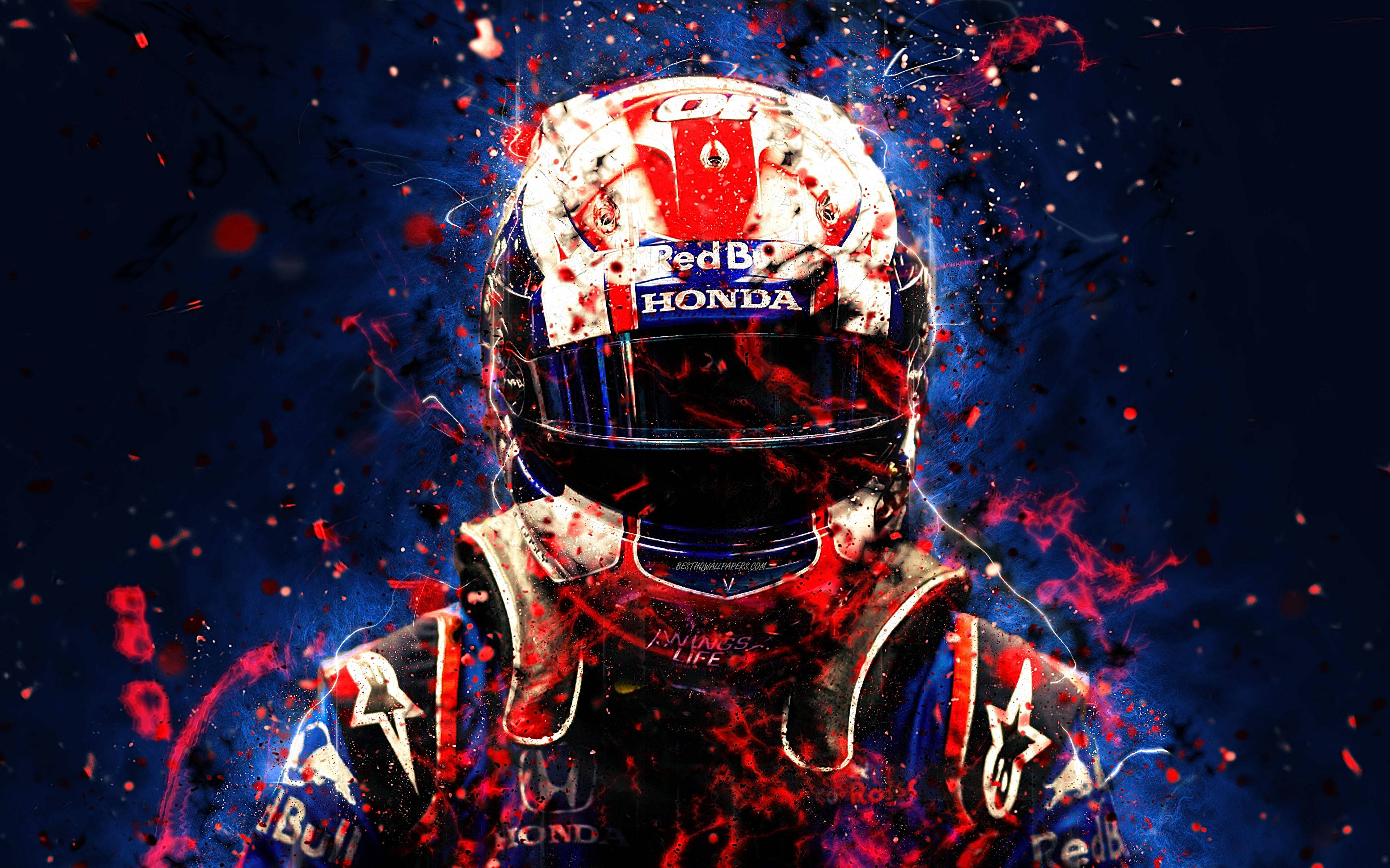 pierre gasly 桌布 壁紙 — 一名賽車手身穿 Red Bull Honda 頭盔和賽車服，在深色背景上爆發出紅色和藍色的飛濺效果。