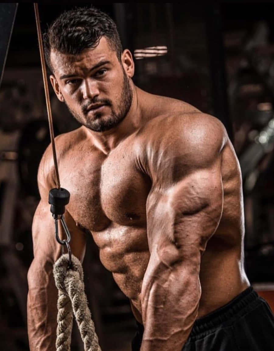 Muscle 桌布 壁紙 — 一名赤膊、腹肌和手臂線條分明的肌肉男在健身房訓練時，在戲劇性燈光下抓住繩索。