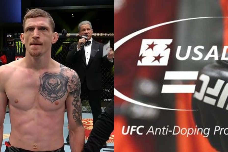 MMA 桌布 壁紙 — 一名赤裸上身、有刺青的拳手站在UFC八角籠內，旁邊有模糊的USADA反興奮劑標誌，一名主持人正對著麥克風說話。