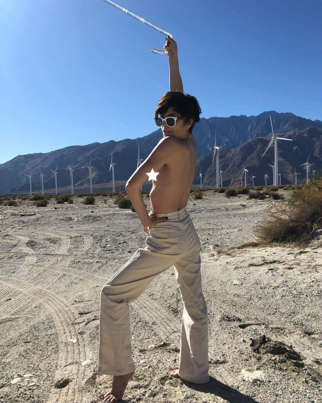 Selma Blair 桌布 壁紙 — 一名赤裸上身、身穿米色褲子和太陽眼鏡的人，在陽光明媚的沙漠中，以風力發電機和山脈為背景，動態地擺出姿勢。