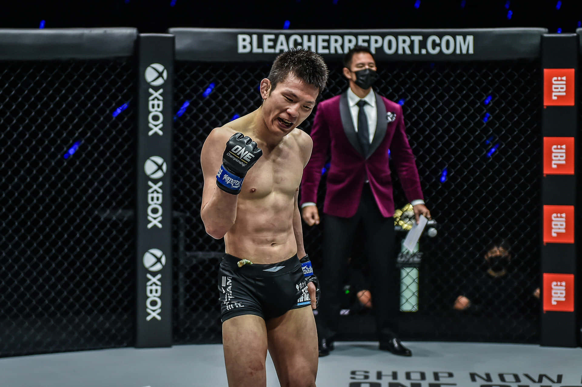 martial arts 桌布 壁紙 — 一名赤裸上身的MMA拳手在籠內露出勝利的猙獰表情，身後有贊助商標誌和一名身穿棗紅色西裝的男子。