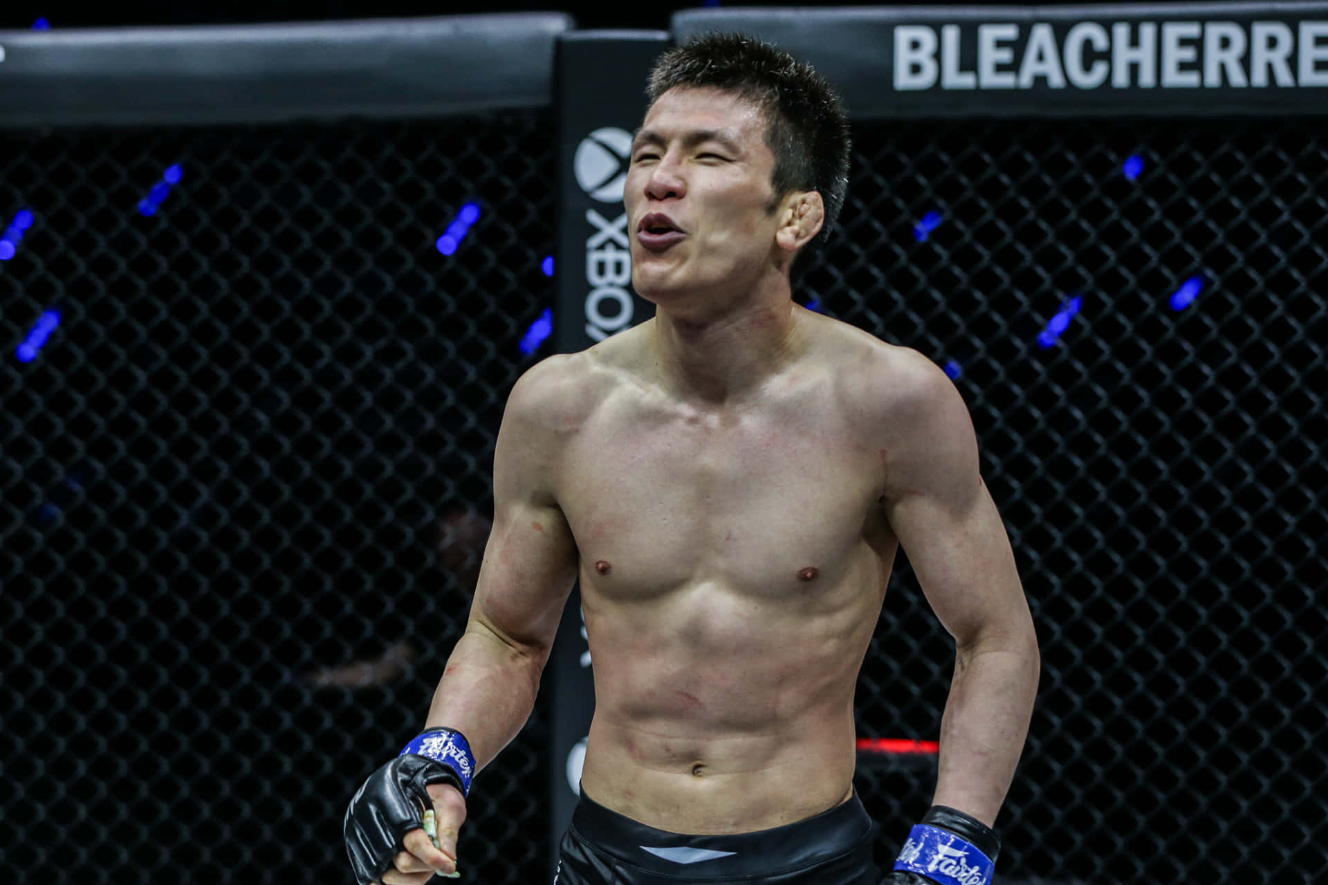 martial arts 桌布 壁紙 — 一名赤裸上身的男性拳手在八角籠內慶祝，身後是藍色燈光的鐵鏈圍欄。