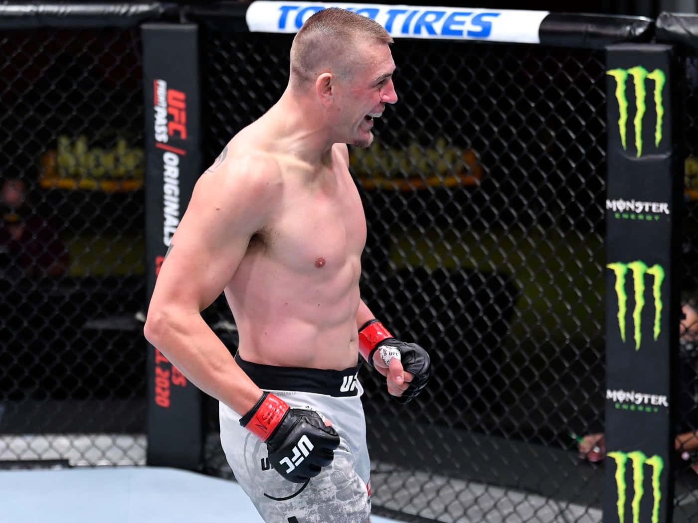 UFC 桌布 壁紙 — 一名赤裸上身的男性拳手在帶有Monster Energy品牌的UFC八角籠內勝利咆哮。