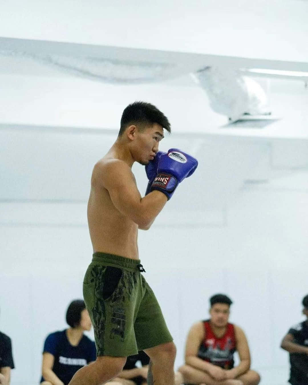 Side Profile 桌布 壁紙 — 一名赤裸上身的男性拳擊手，穿著綠色短褲和藍色手套，在明亮的白色健身房中激烈訓練，其他人正在觀看。