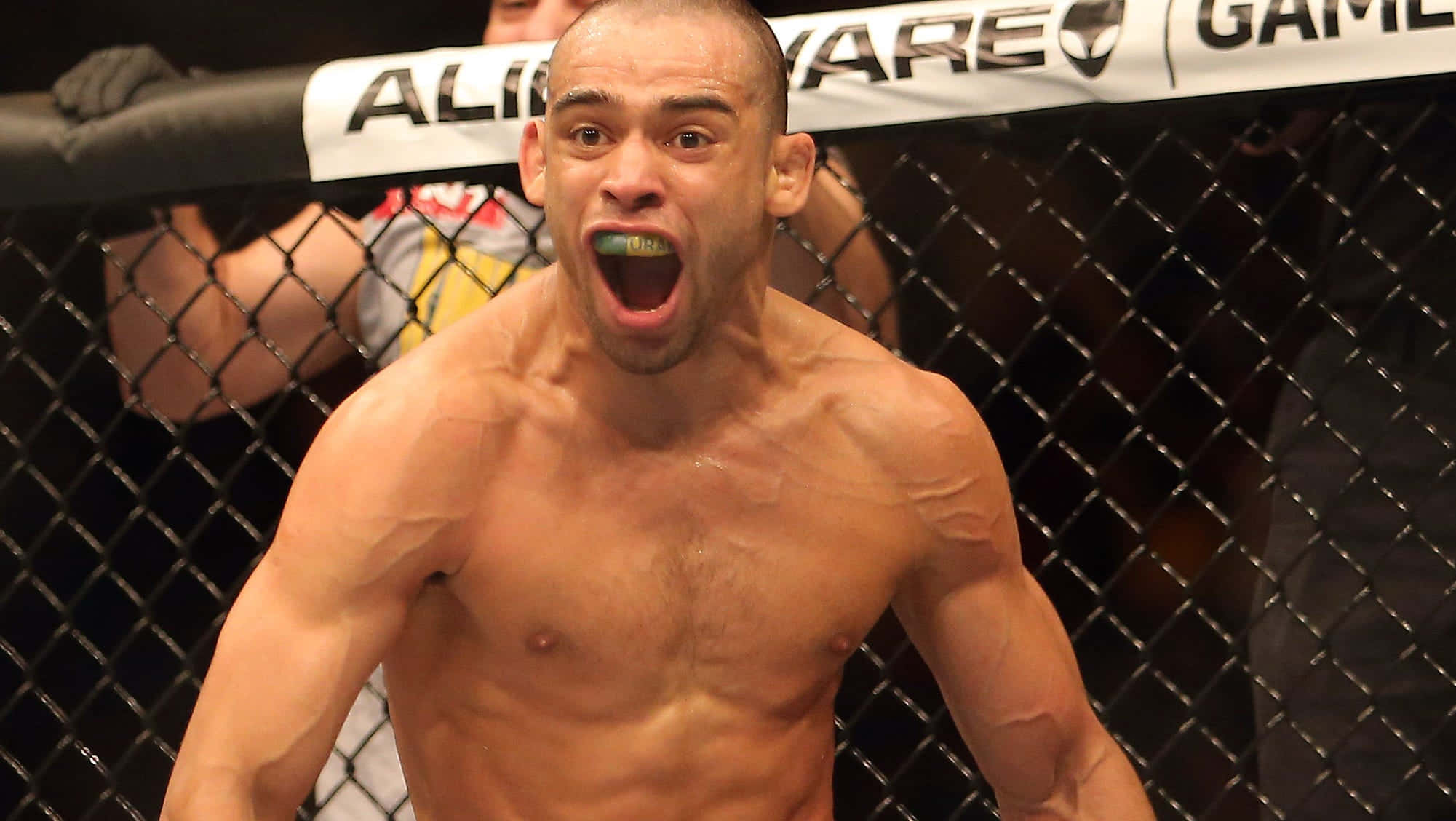 UFC 桌布 壁紙 — 一名赤裸上身的肌肉鬥士在籠內勝利咆哮，籠上可見'Alienware'品牌標誌。